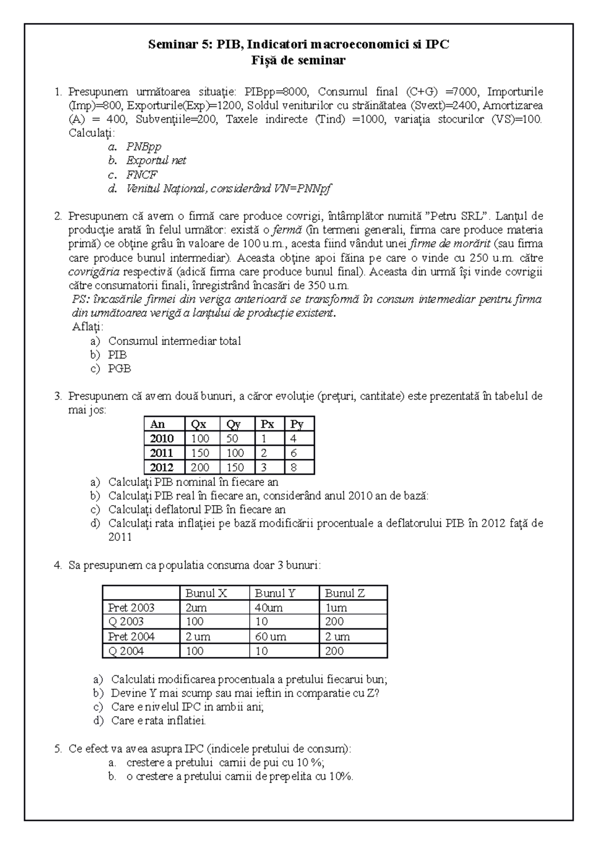 Fisa De Seminar Pib Indicatori Macroeconomici Si Ipc Seminar Pib Indicatori Studocu