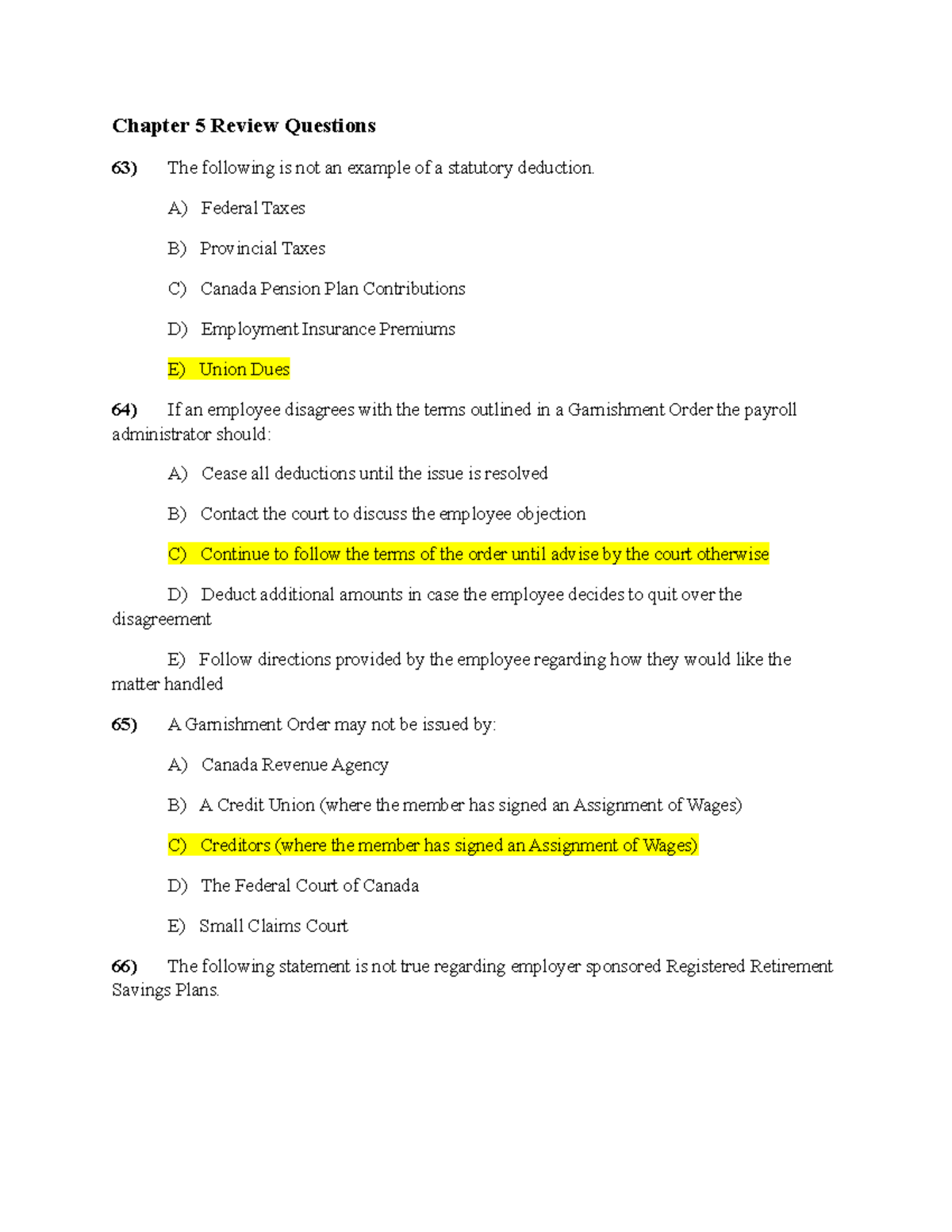 Review Chapters 5 6 For Payroll Course ACC2208 Algonquin College