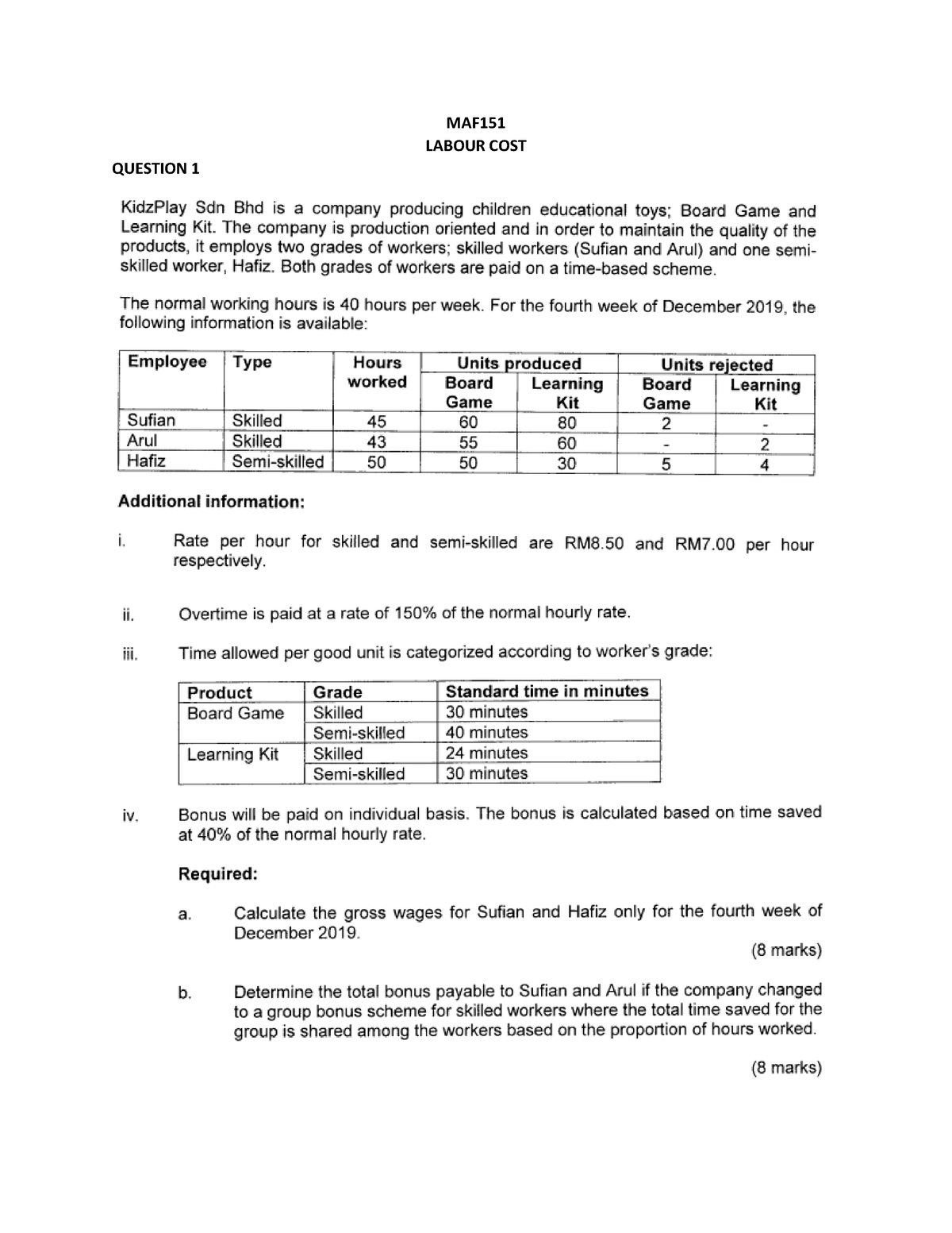 MAF151 Tutorial Labour COST - fundamental cost accounting - UiTM - Studocu