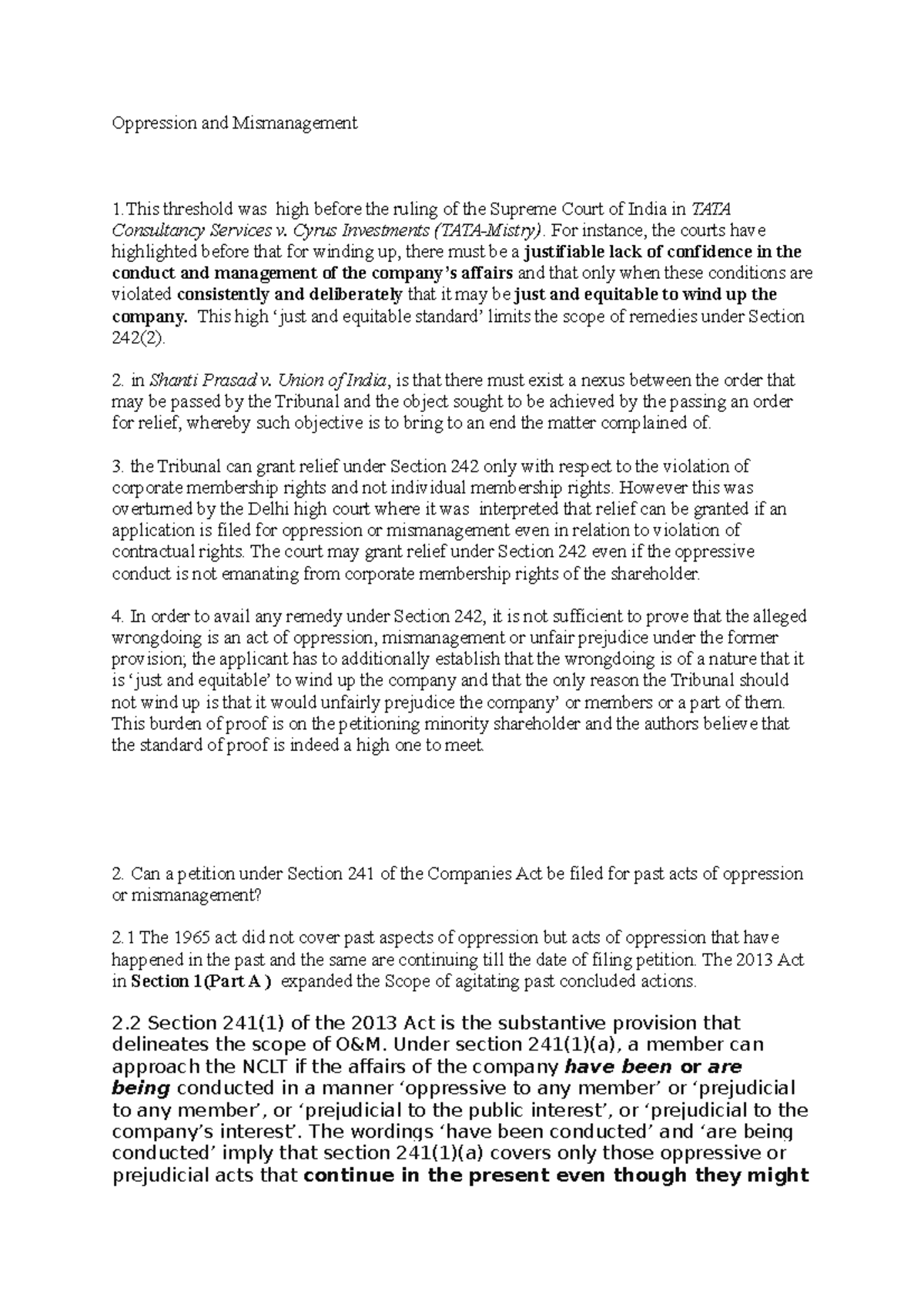 Oppression and Mismanagement Cyrus Investments (TATAMistry). For