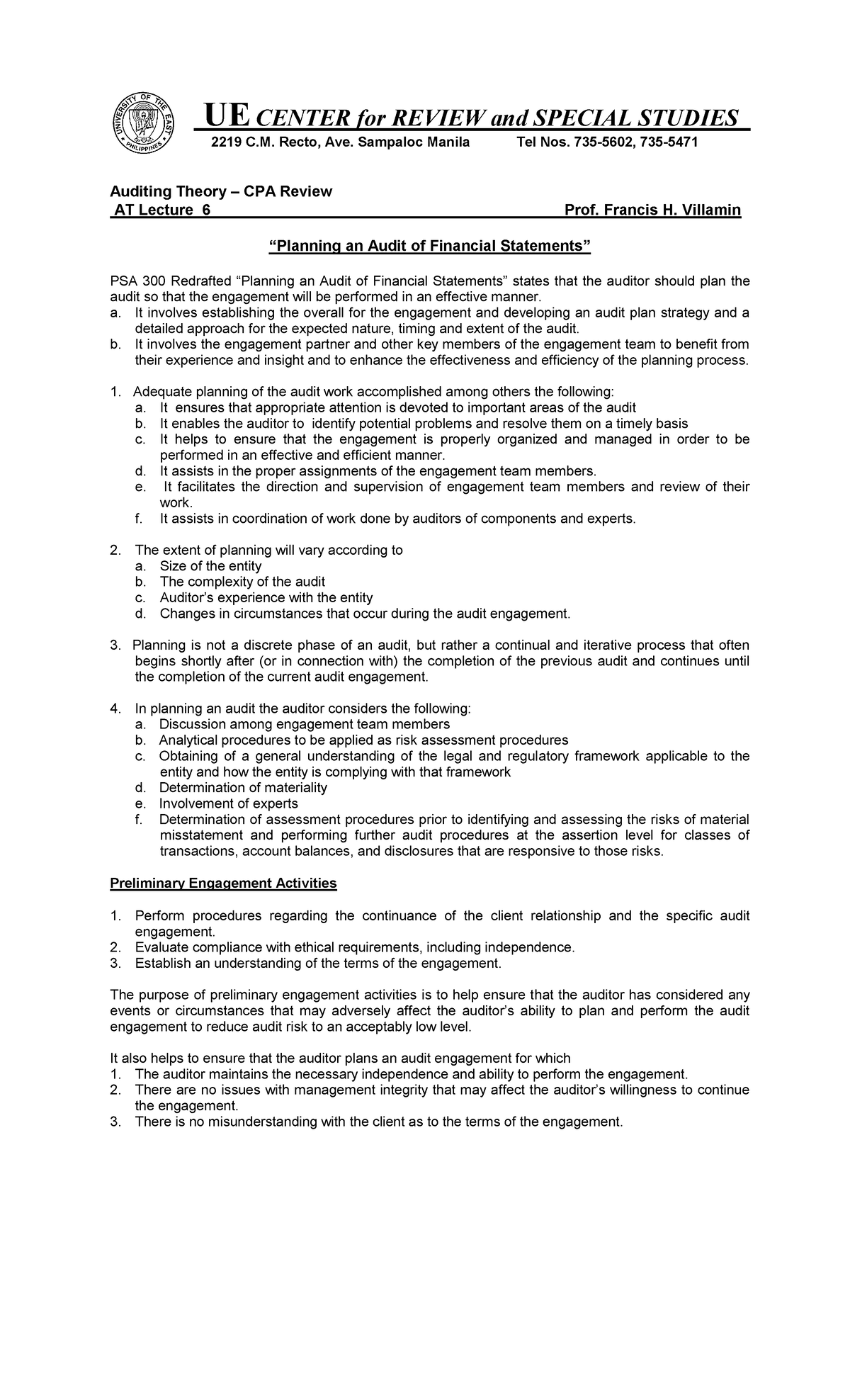 A lecture 6 planning an audit of fs june 2020 - Accounting - Studocu