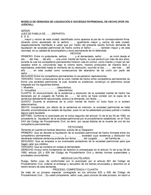Modelo DE Demanda DE Liquidación E Sociedad Patrimonial DE Hecho (POR VÍA  Judicial)(36) - MODELO DE - Studocu