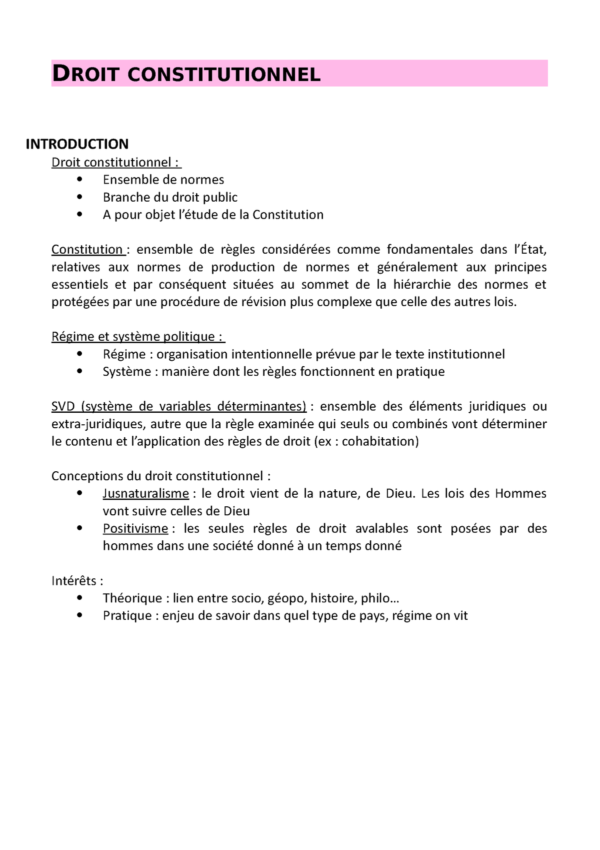 Fiches Droit Constitutionnel - DROIT CONSTITUTIONNEL INTRODUCTION Droit ...