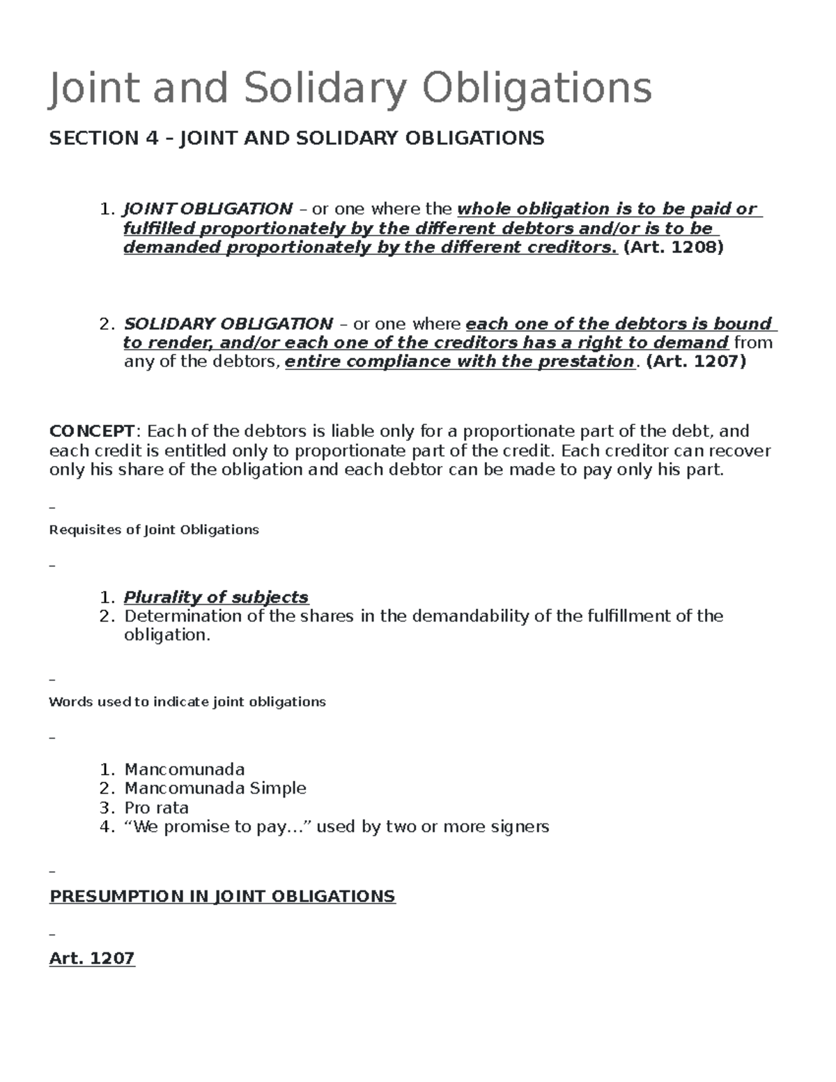 Joint and Solidarity Obligation - Joint and Solidary Obligations ...