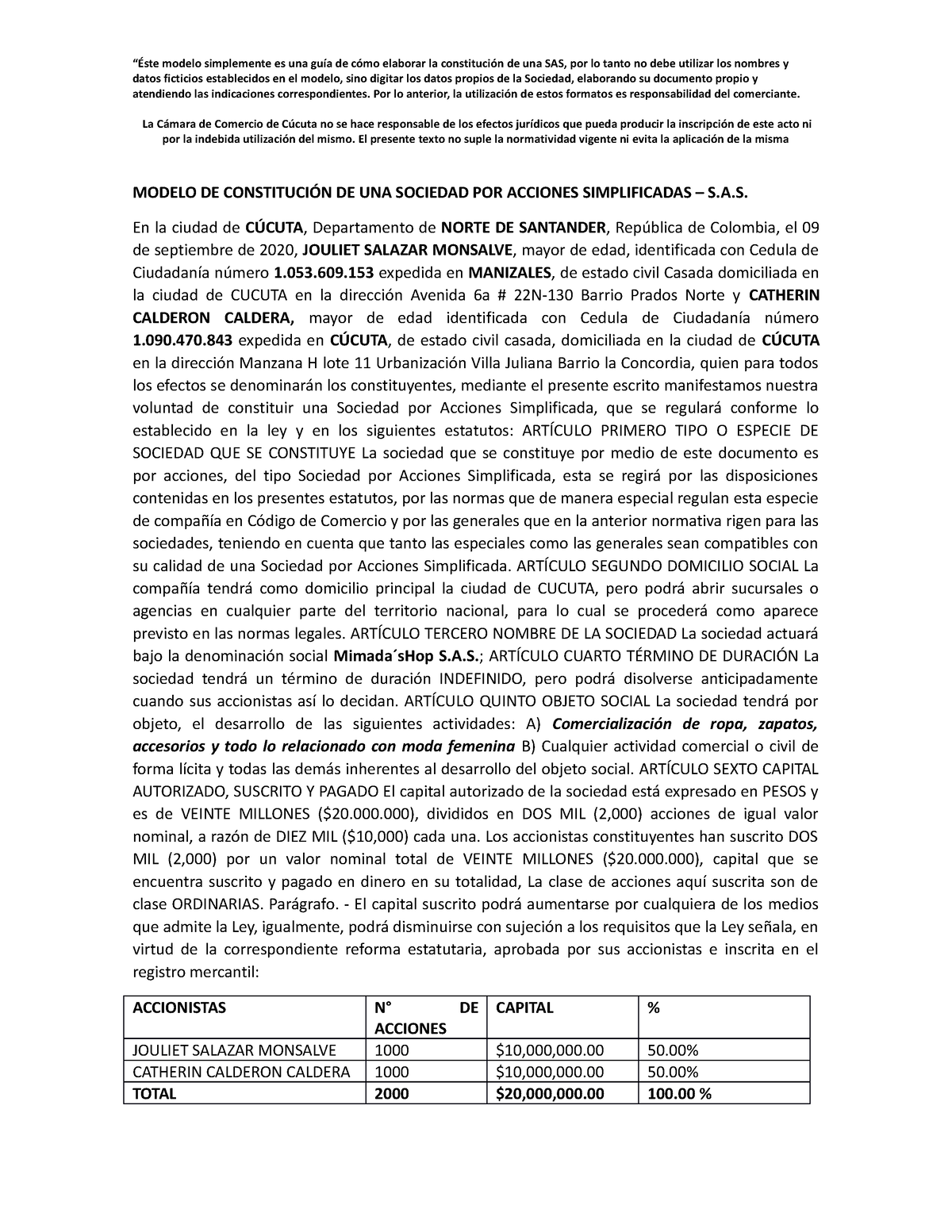 Modelo De Constitución De Una Sociedad Por Acciones Simplificadas