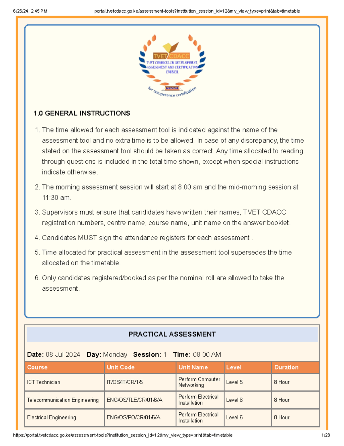 CIT-TVET Cdacc Timetable - July, August 2024 - 1 GENERAL INSTRUCTIONS 1 ...