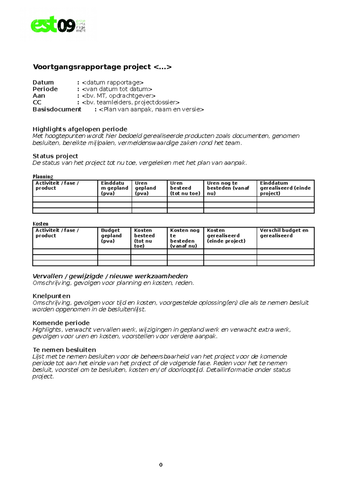 B9 Voortgangsrapportage Template Tijd Geld V20 - 0 Voortgangsrapportage ...