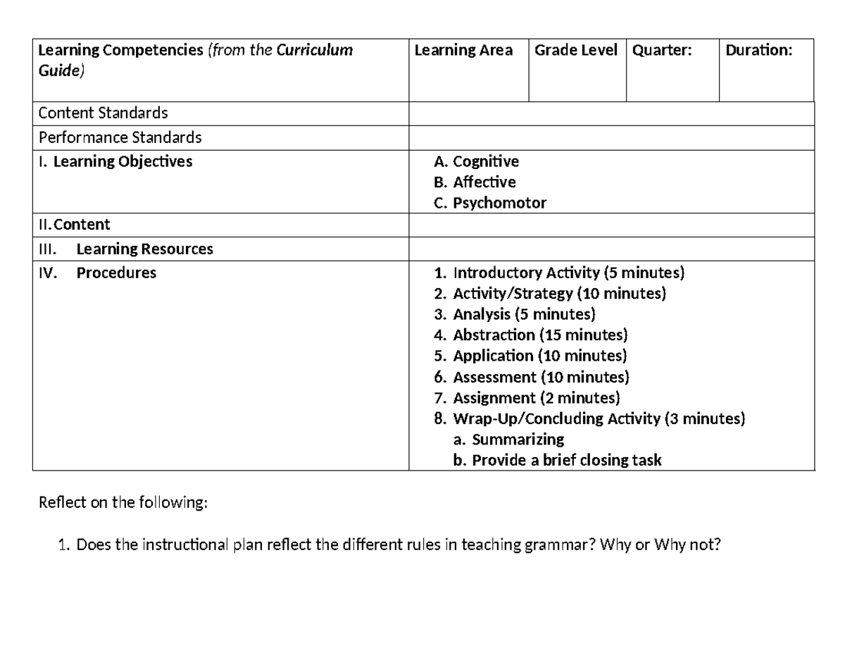 DLP Template - Simple lay out - Learning Competencies (from the ...
