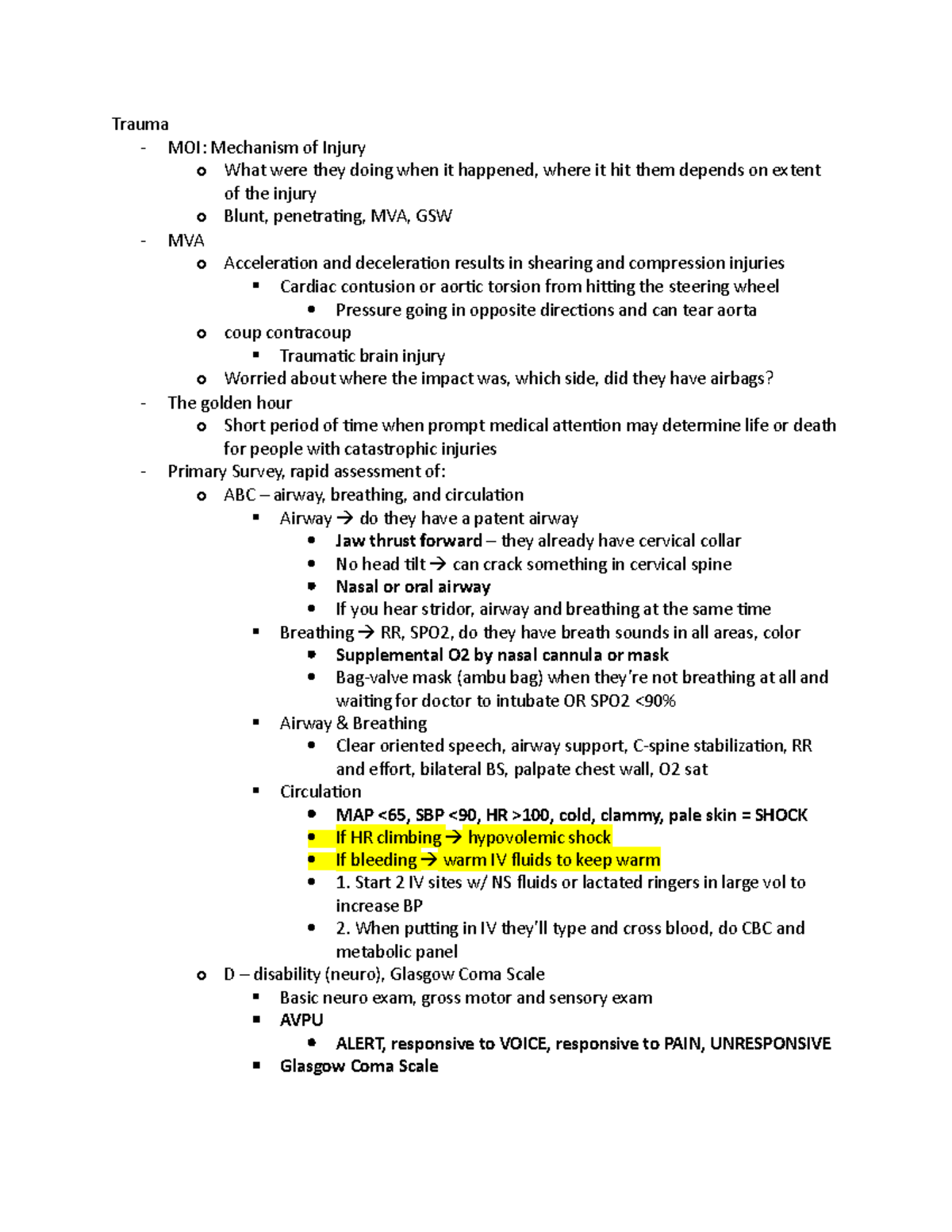 Trauma study guide - Trauma - MOI: Mechanism of Injury o What were they ...