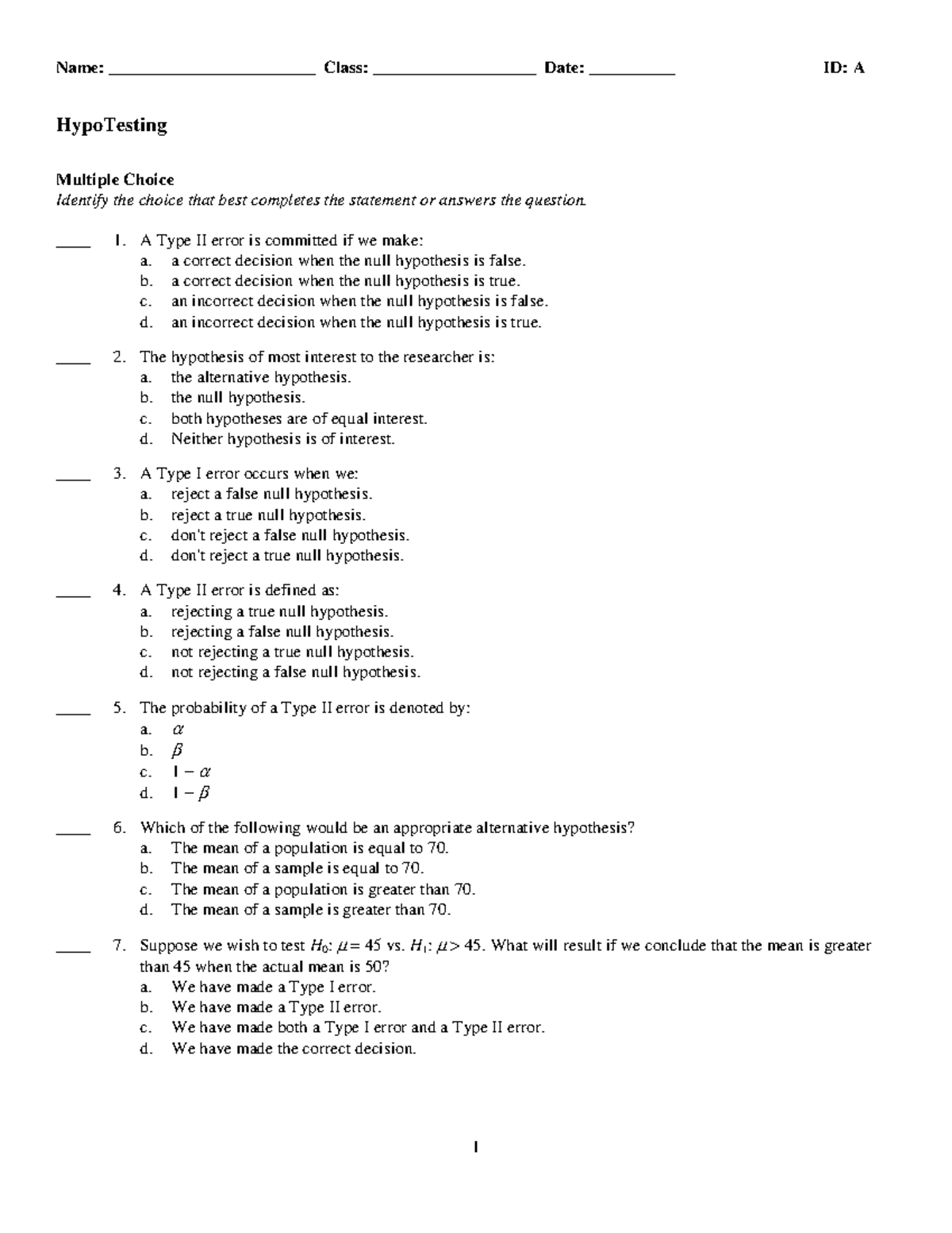 Hypothesis Testing exercise and answers Name