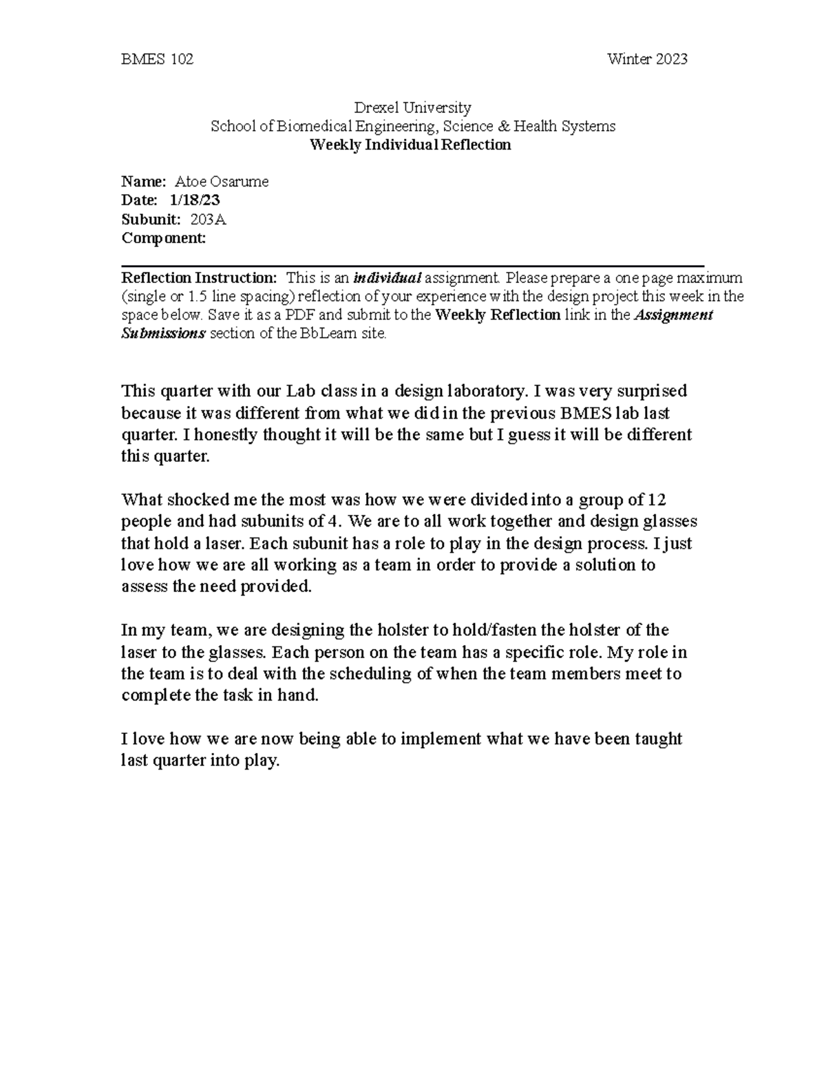 BMES 102 Reflection Ans - BMES 102 Winter 2023 Drexel University School ...