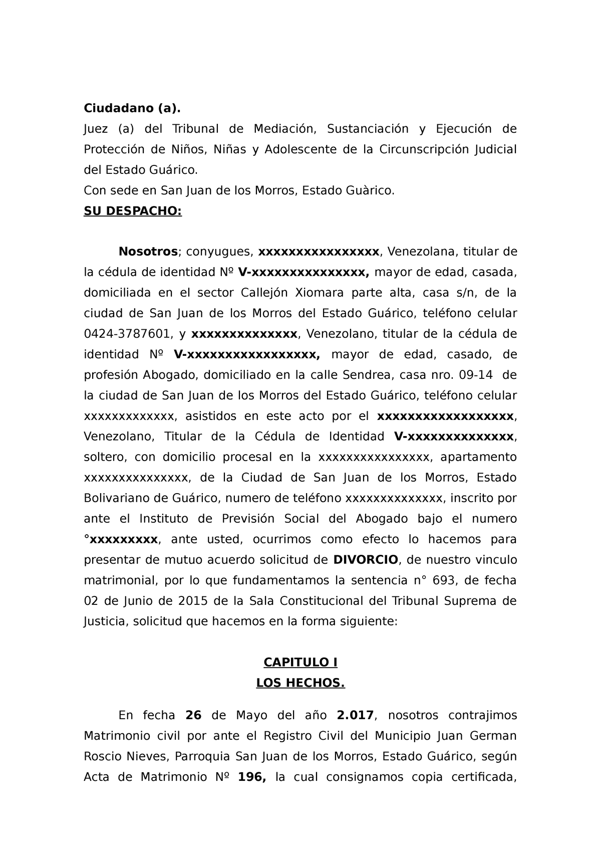 Divorcio sinhijos - Ciudadano (a). Juez (a) del Tribunal de Mediación ...