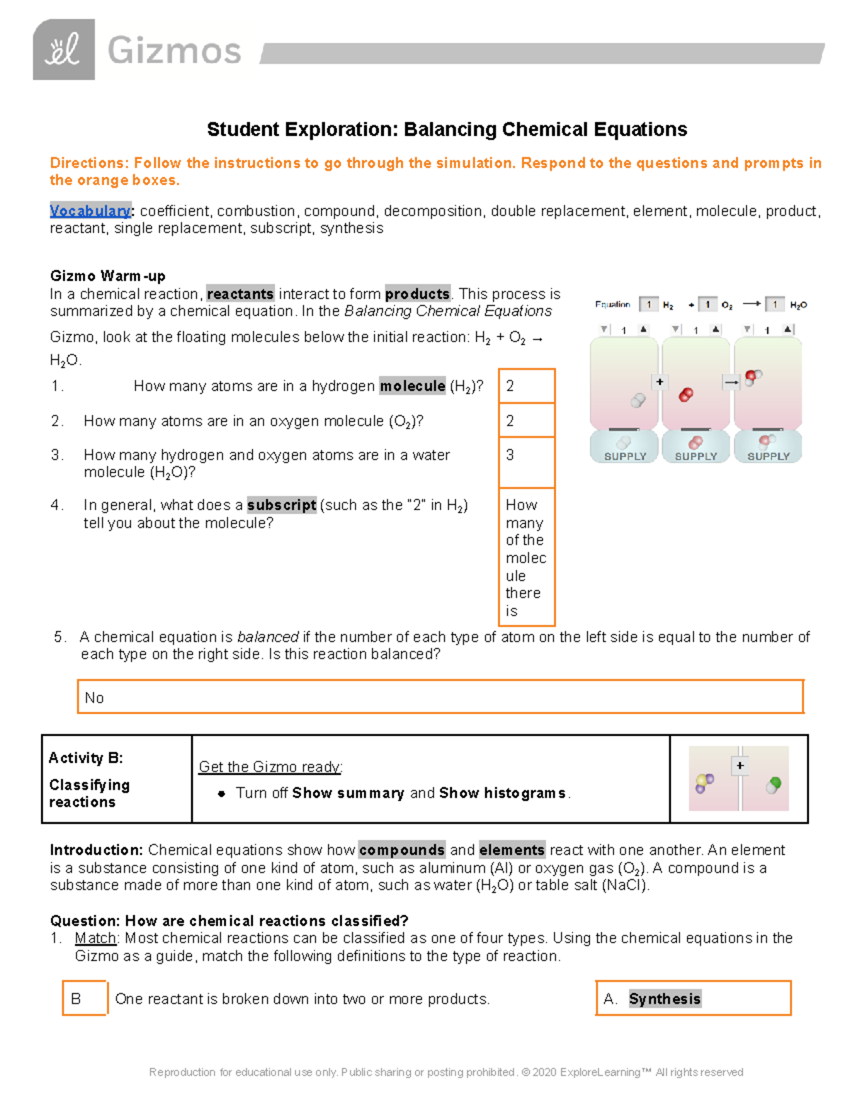 Gizmos Balancing Chem Equations SE Acivity B - Student Exploration ...