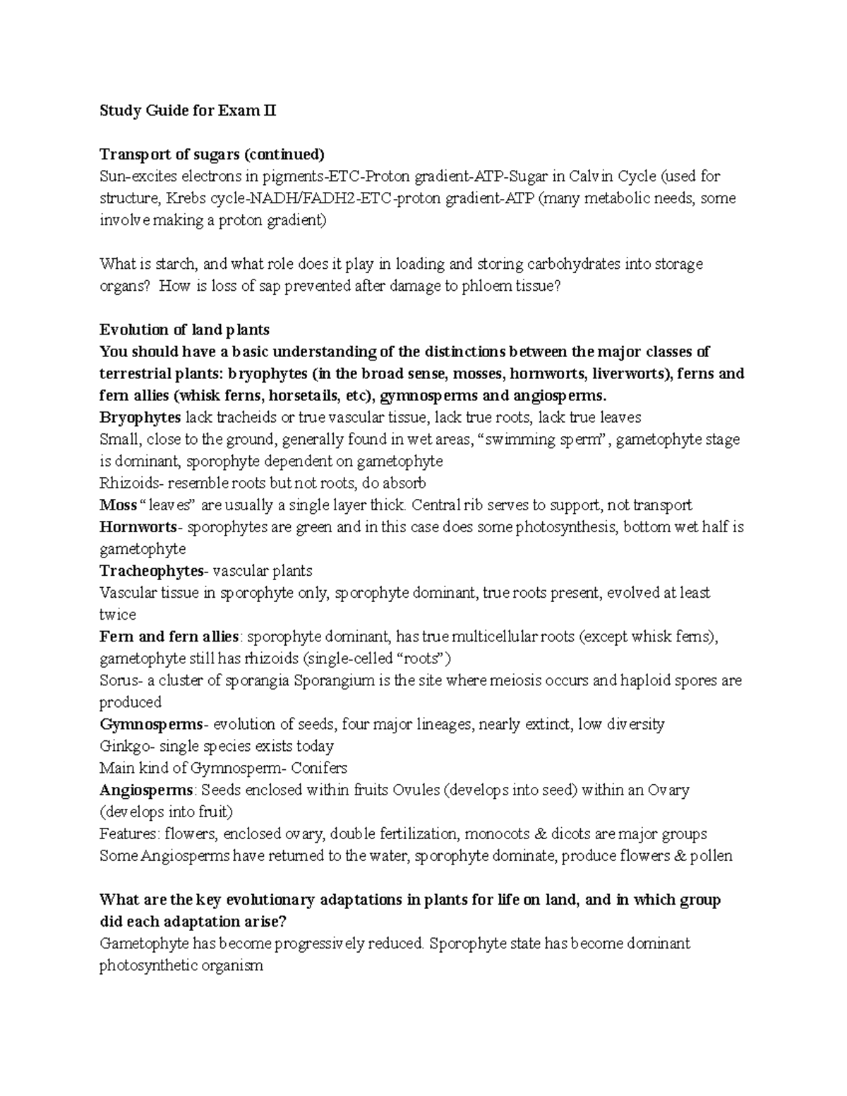 Plant Bio Study Guide Exam 2 - Study Guide for Exam II Transport of ...