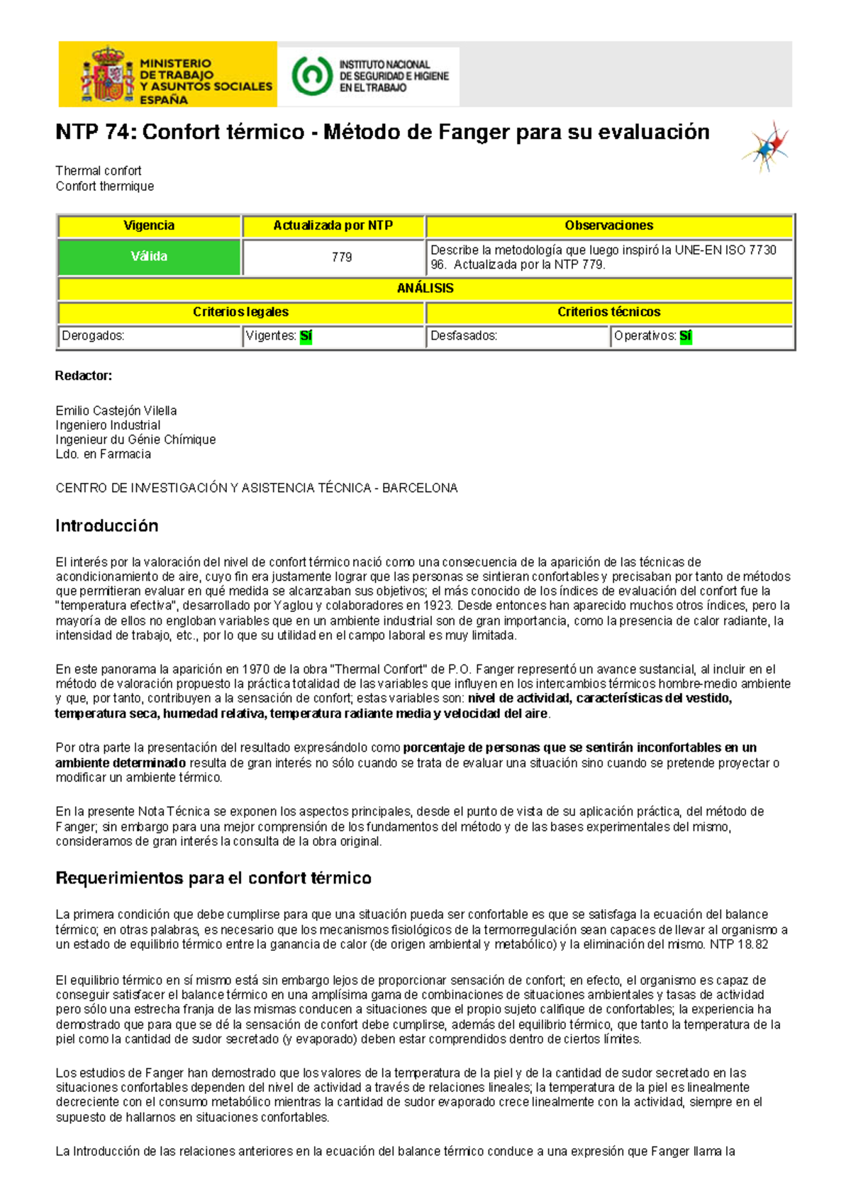 Ntp 074 Metodo Fanger lab - NTP 74: Confort térmico - Método de Fanger ...