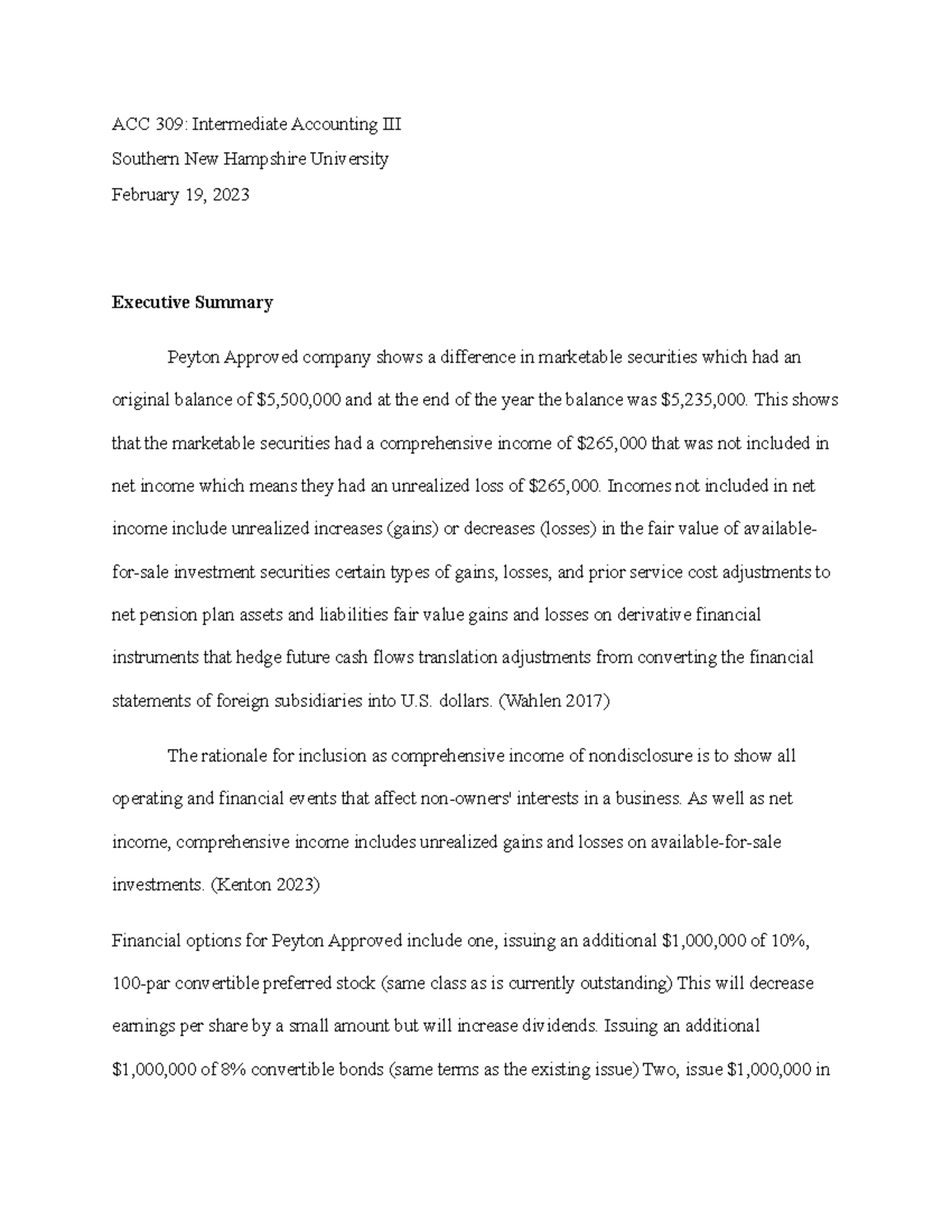 Tiffany Ortiz ACC309 Executive Summary - ACC 309: Intermediate ...