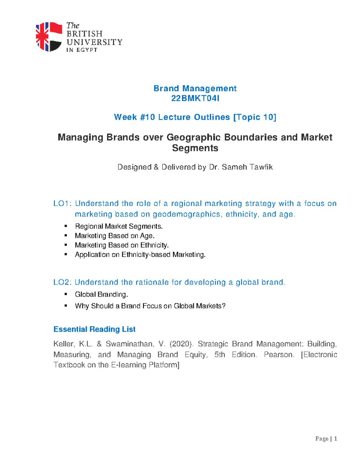 Week #10 - [Topic 10] - Lecture Outlines Study Notes - Page | 1 Brand ...