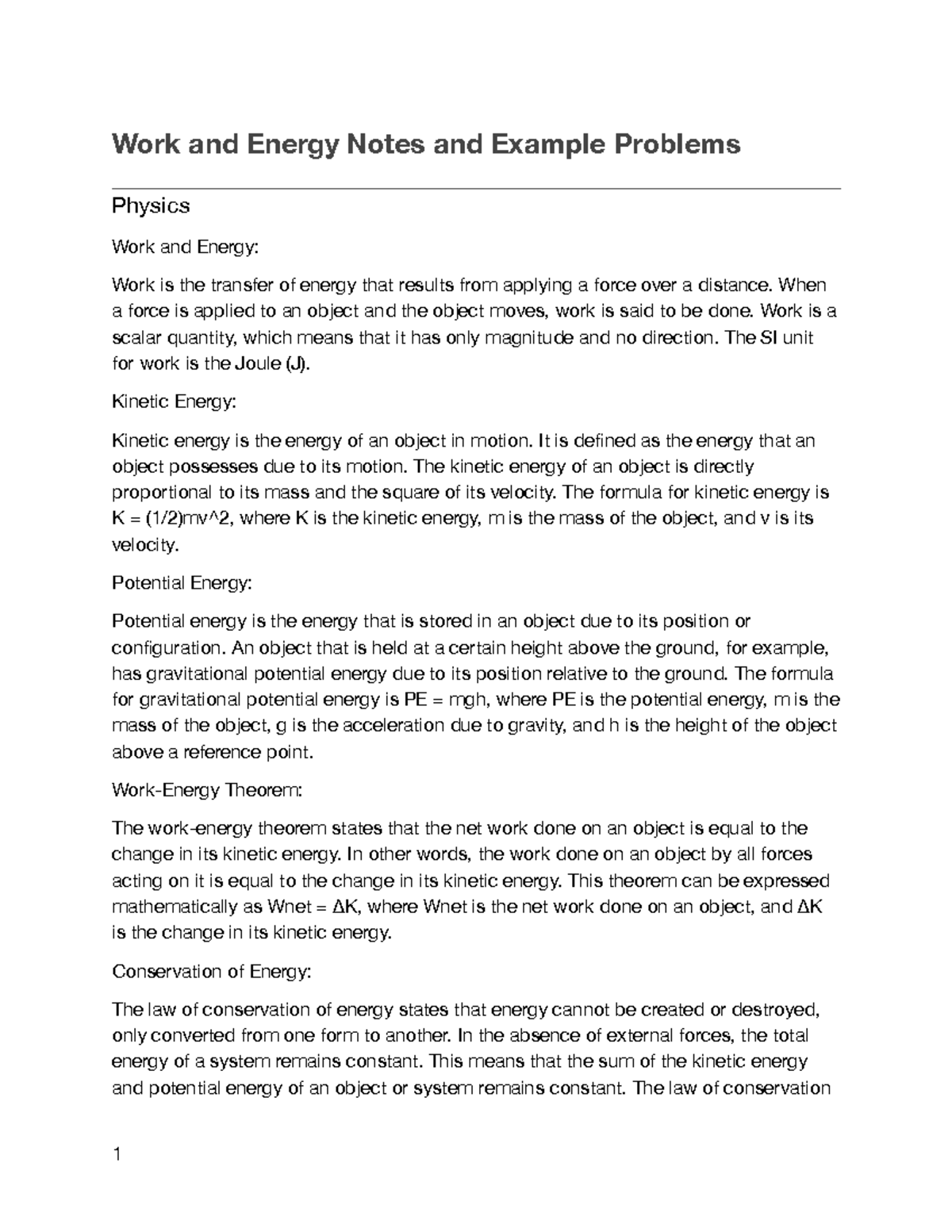 Work and Energy Notes and Example Problems - Work and Energy Notes and ...