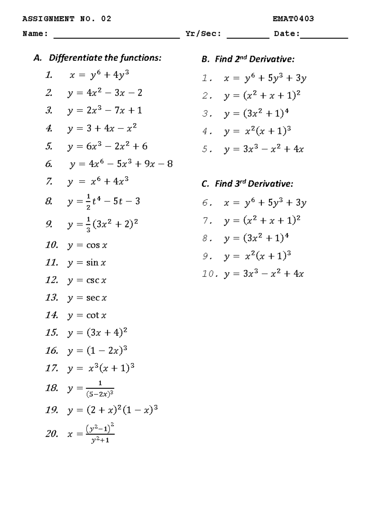 Assignment Differential Equation Assignment No 02 Emat Name
