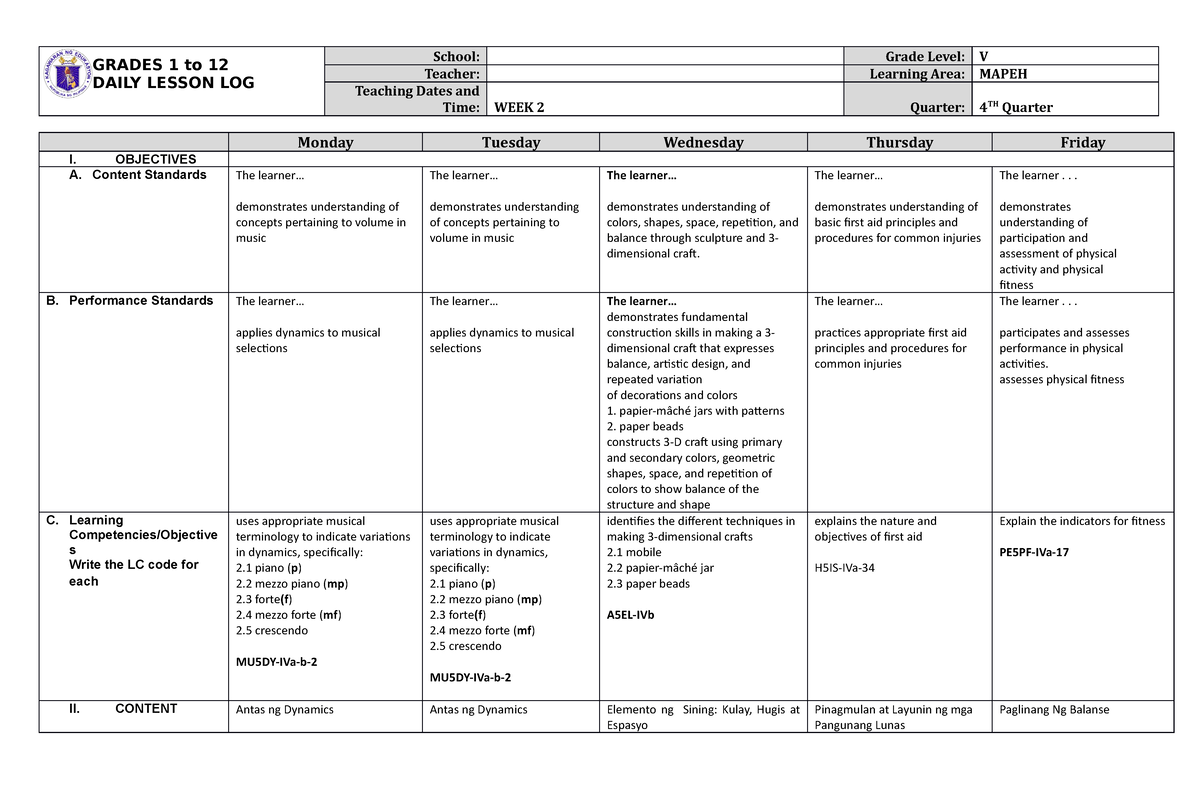 Grade 5 DLL Mapeh 5 Q4 Week 2 - GRADES 1 to 12 DAILY LESSON LOG School ...