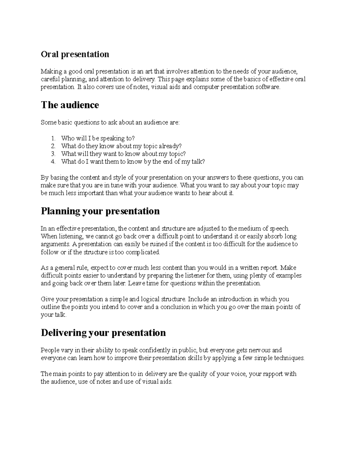 plan of oral presentation example