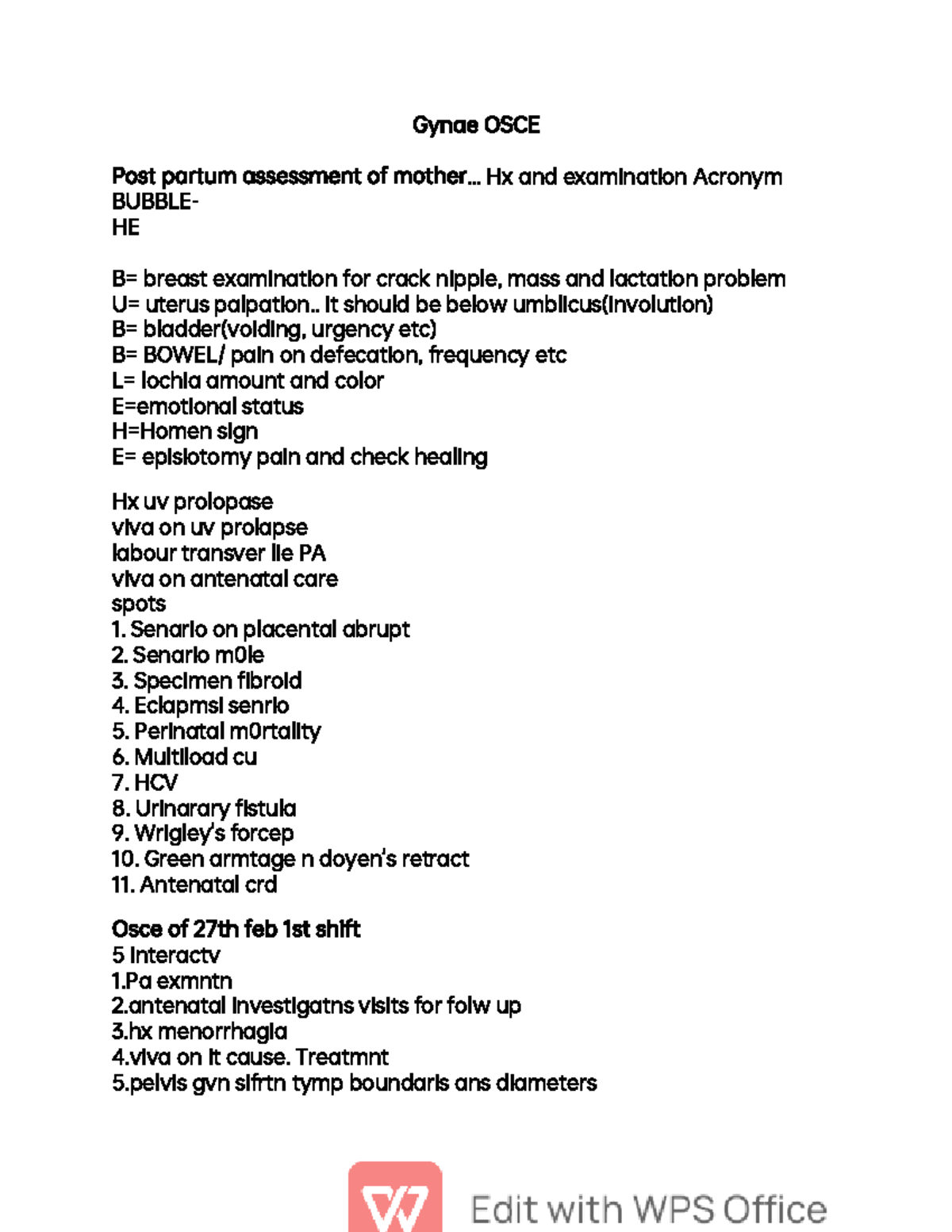 Gynae OSCE Gynae OSCE Post partum assessment of mother... Hx and