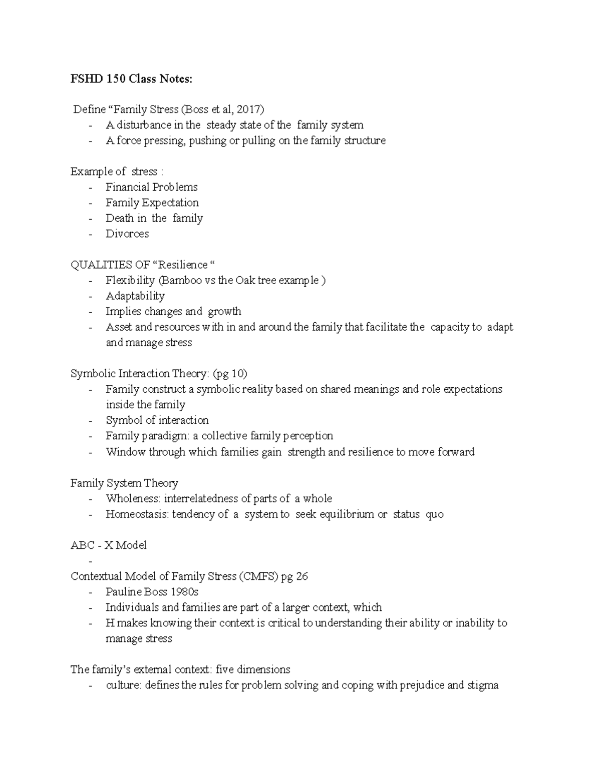 FSHD 150 Notes - FSHD 150 Class Notes: Define “Family Stress (Boss et ...