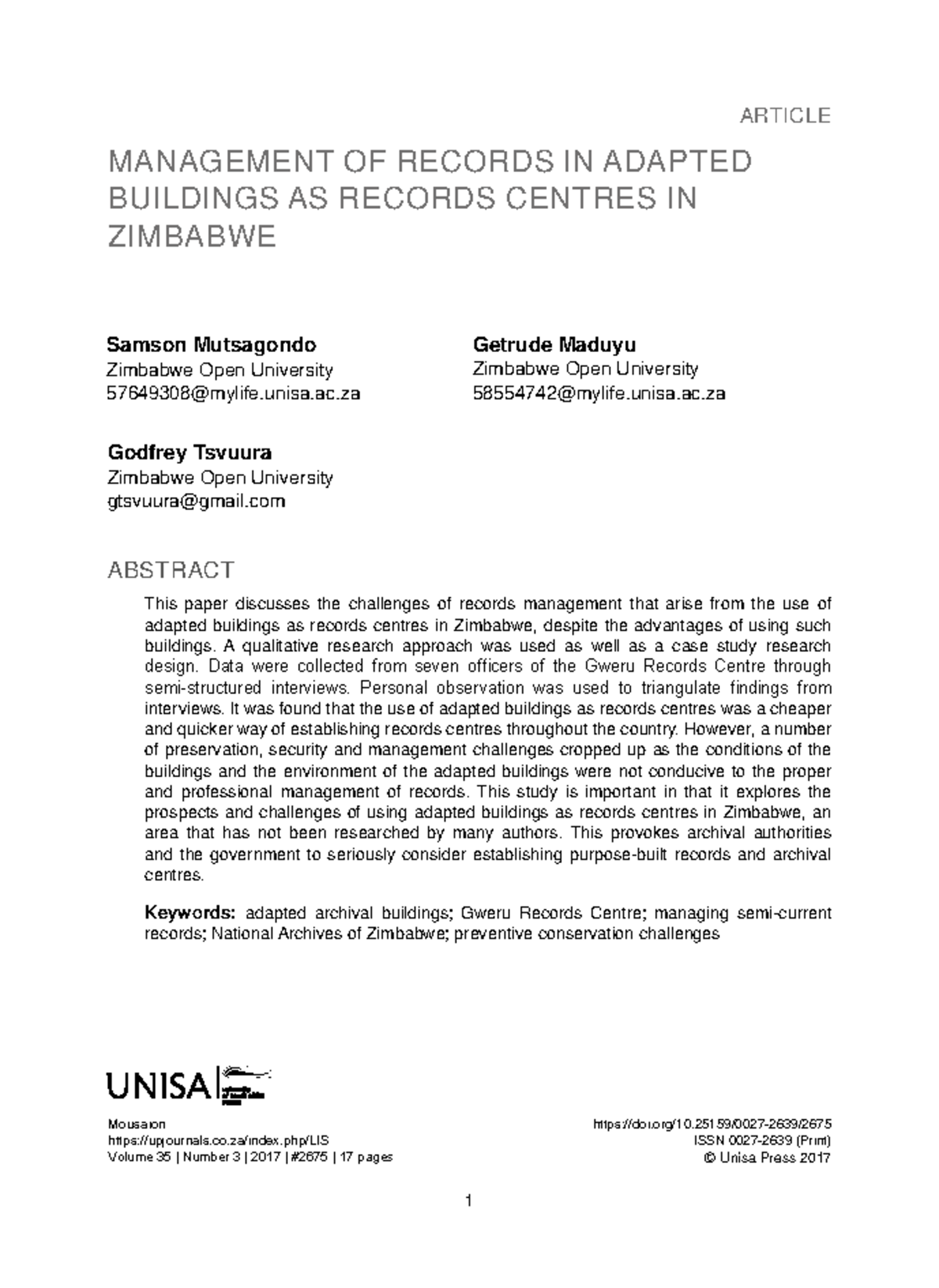 Management of Records in Adapted Buildings as Records Centres in