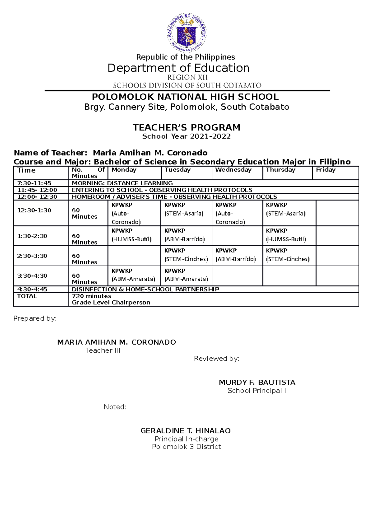 Class and Teachers program - Republic of the Philippines Department of ...