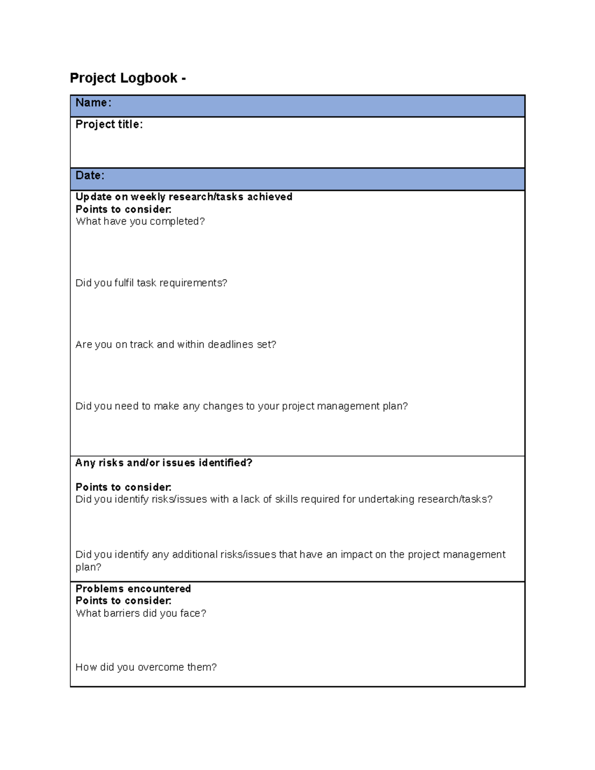 Project Logbook software Project Logbook Name Project title Date Update on weekly Studocu