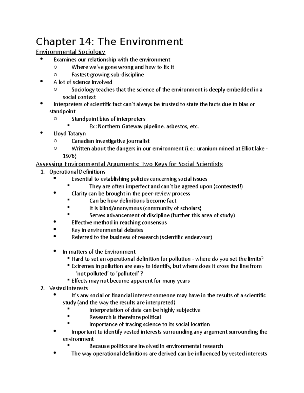 Chapter 14 Notes - Chapter 14: The Environment Environmental Sociology ...