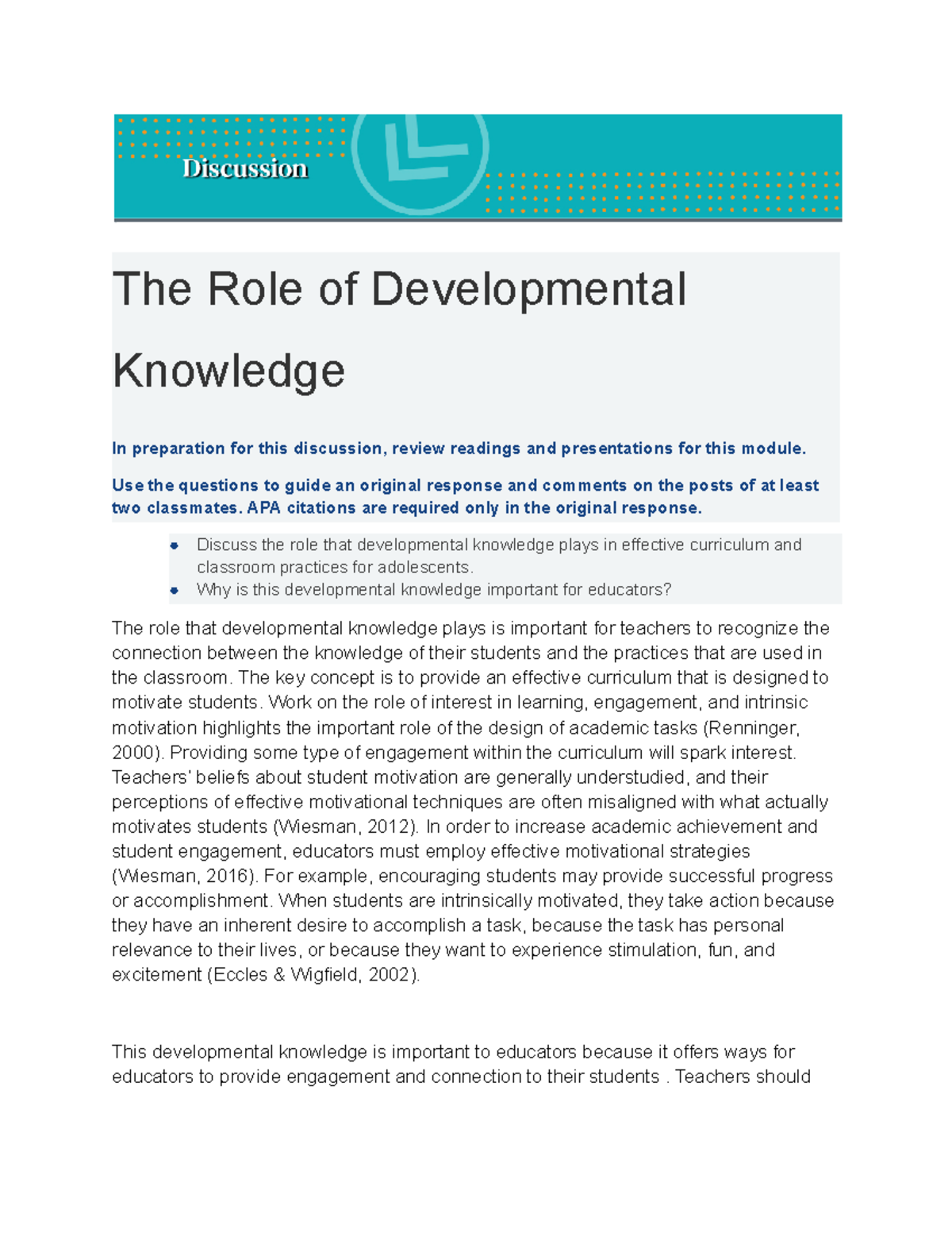 Module 2-Discussion - Disscussion - The Role of Developmental Knowledge ...