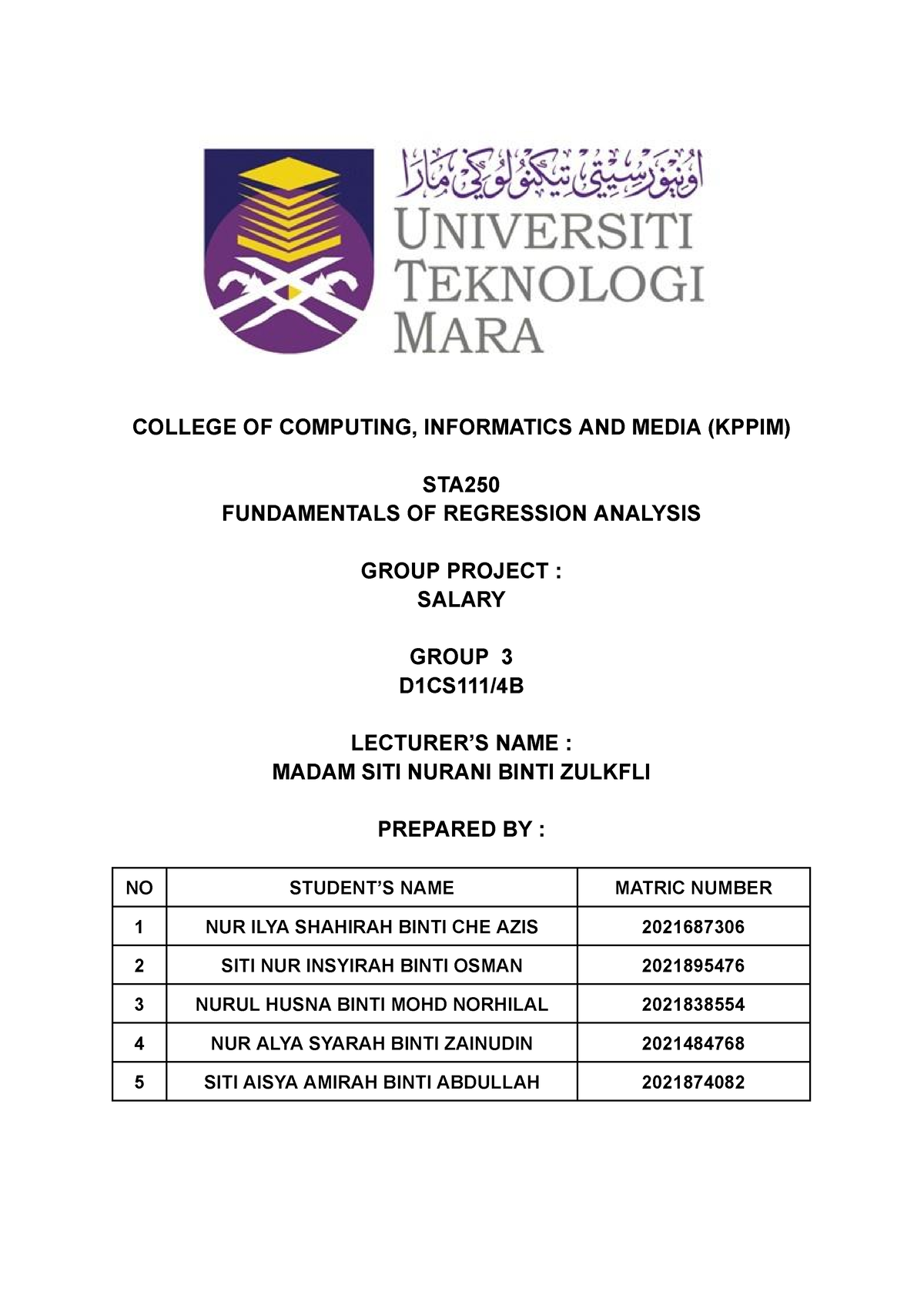 Assignment STA250 - COLLEGE OF COMPUTING, INFORMATICS AND MEDIA (KPPIM ...