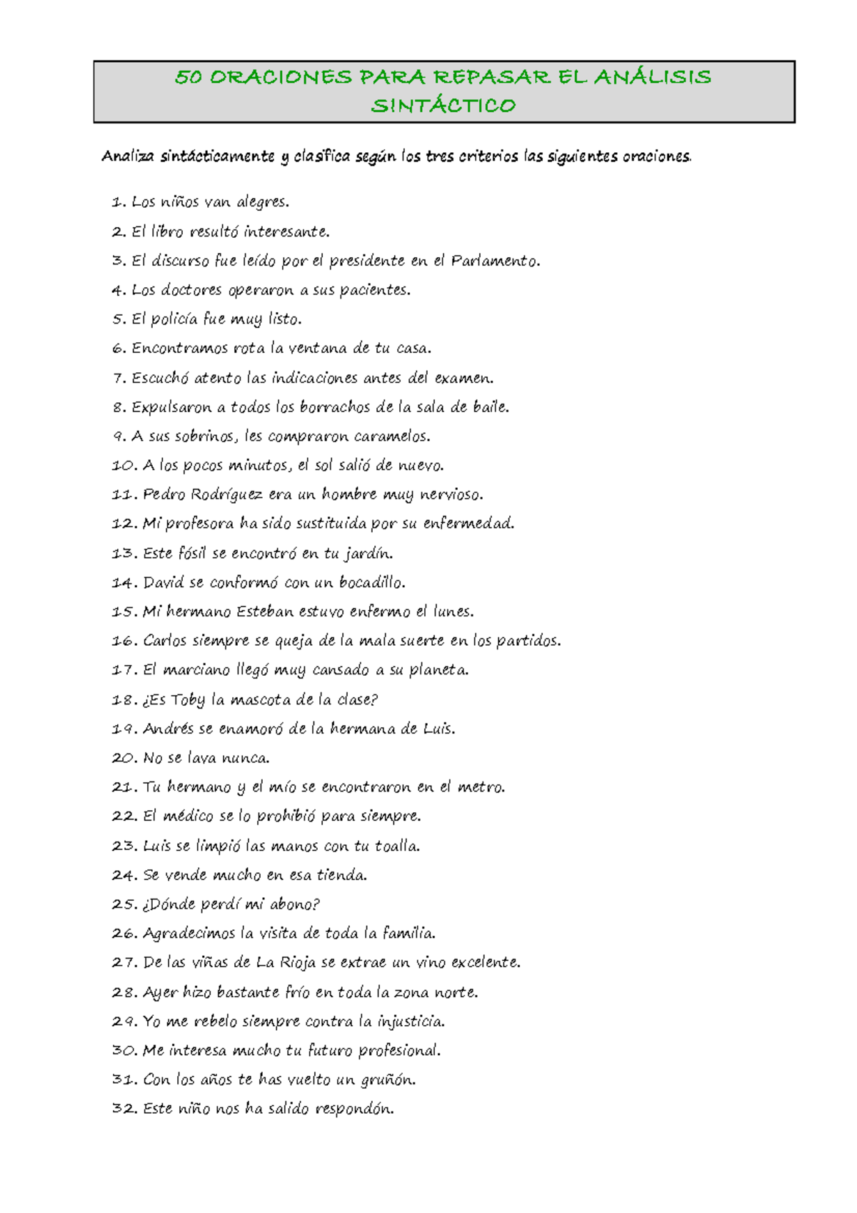 50 Oraciones PARA Repasar EL Análisis Sintáctico - 50 ORACIONES PARA ...
