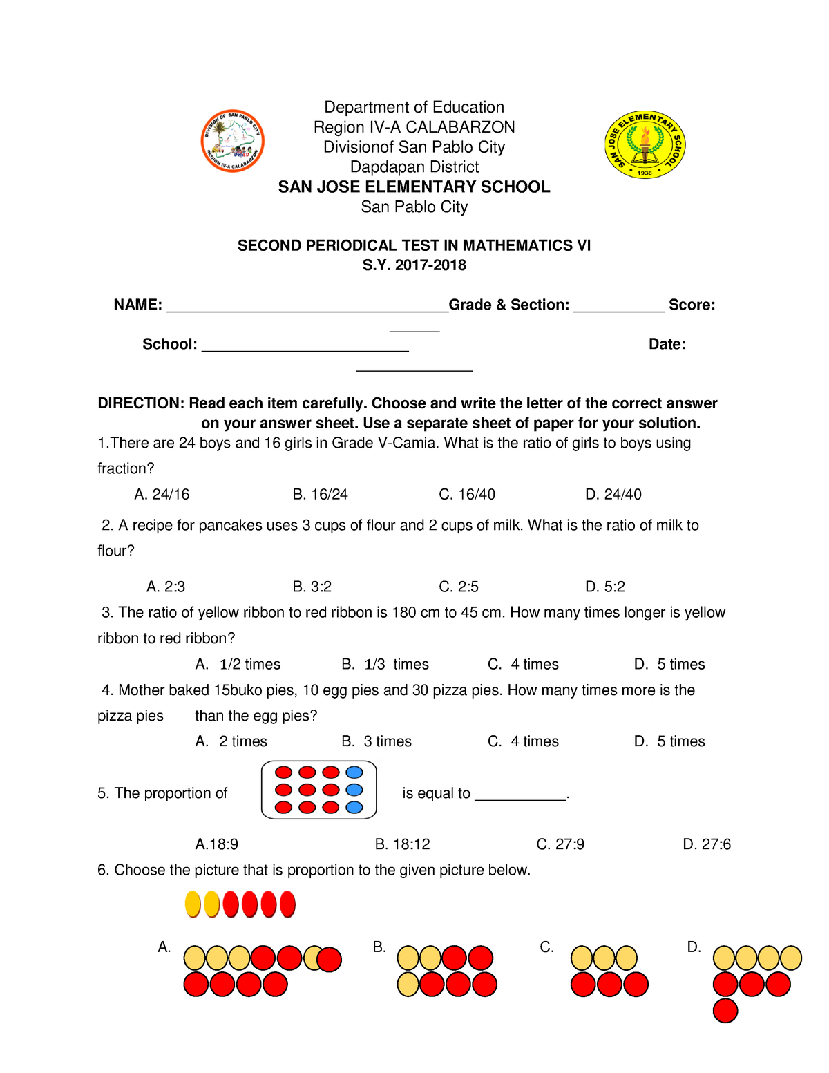 Grade 6 2nd Periodical Test With Tos Amp Answer Keys Math Department Of Education Region Iv A 3349