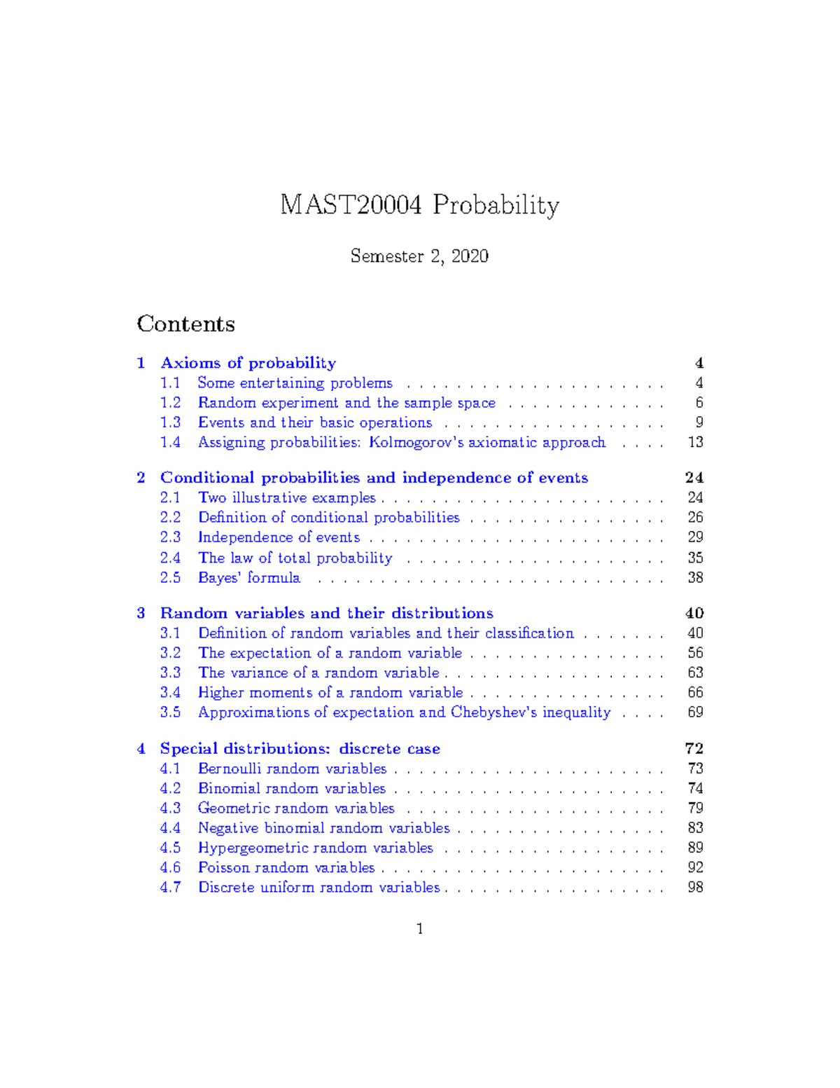 Full Lecture Notes - MAST20004 Probability - Semester 2, 1 Axioms Of ...