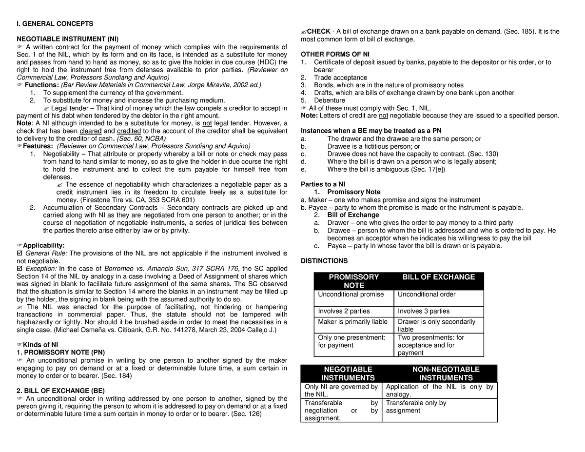 Negotiable Instruments Law Review Notes I GENERAL CONCEPTS   Thumb 1200 927 