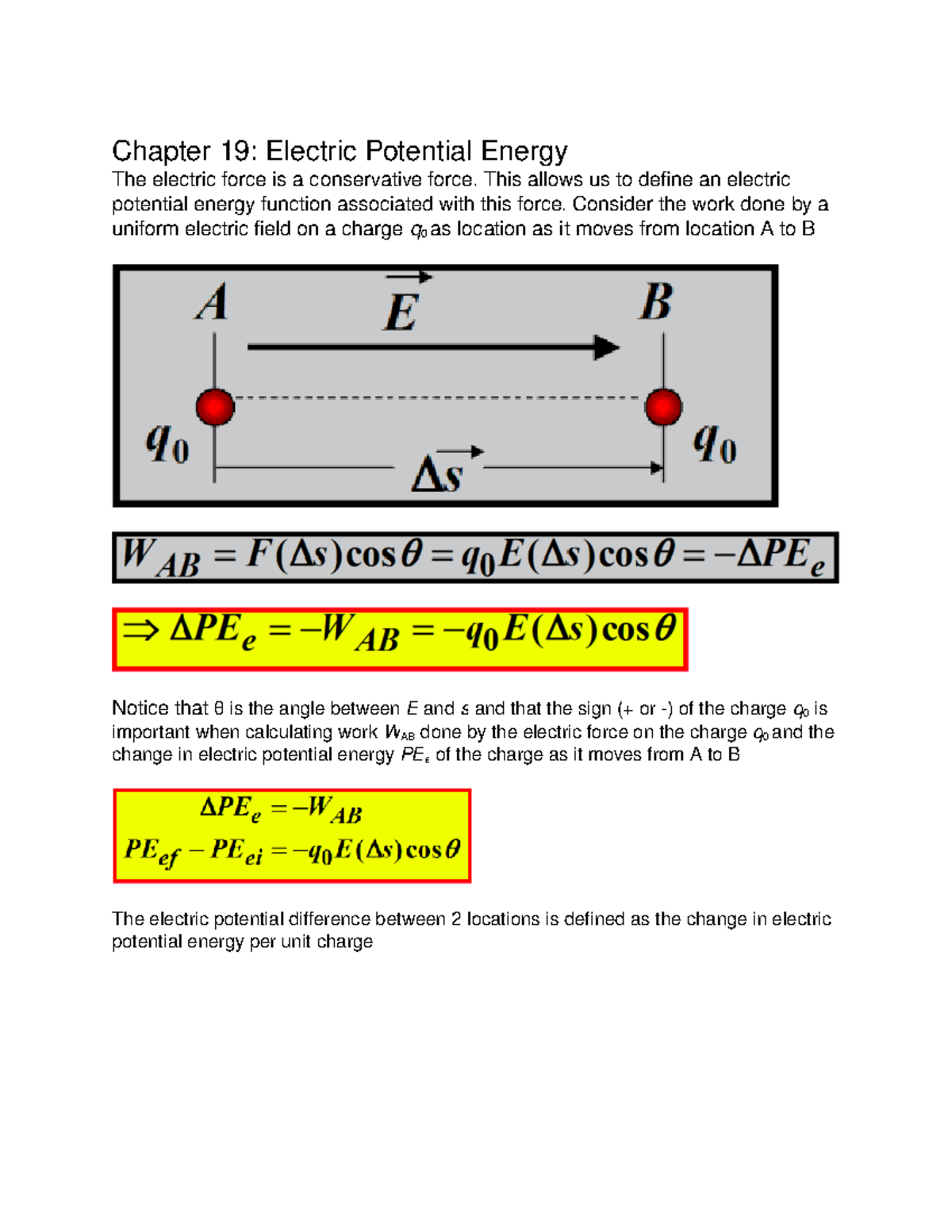 Chapter 19 Intro Phys - Chapter 19: Electric Potential Energy The ...