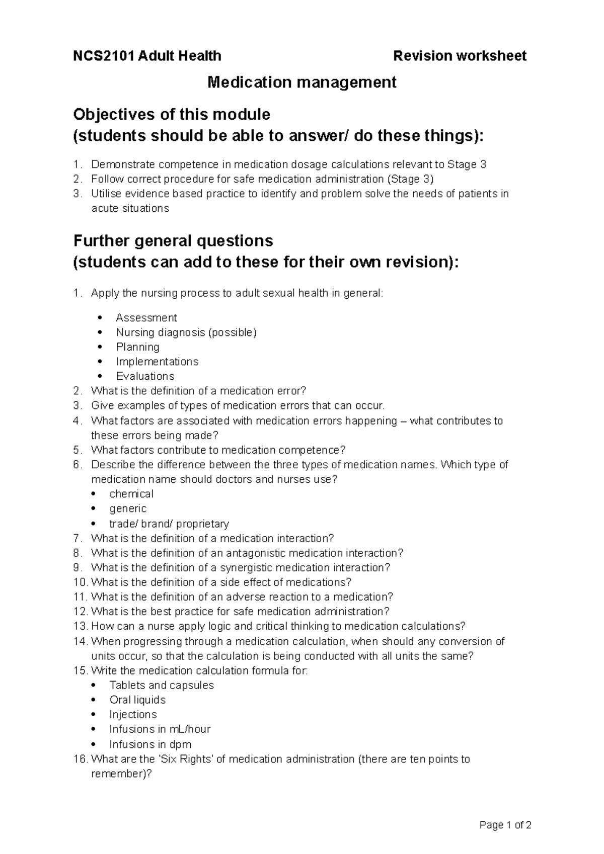 Revision worksheet - Medication management - NCS2101 Adult Health ...