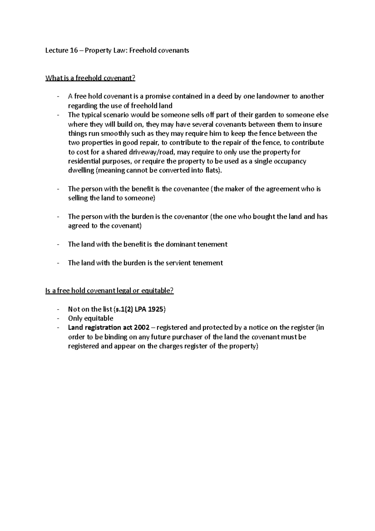 Lecture 16 Property Law Freehold covenants Lecture 16 Property