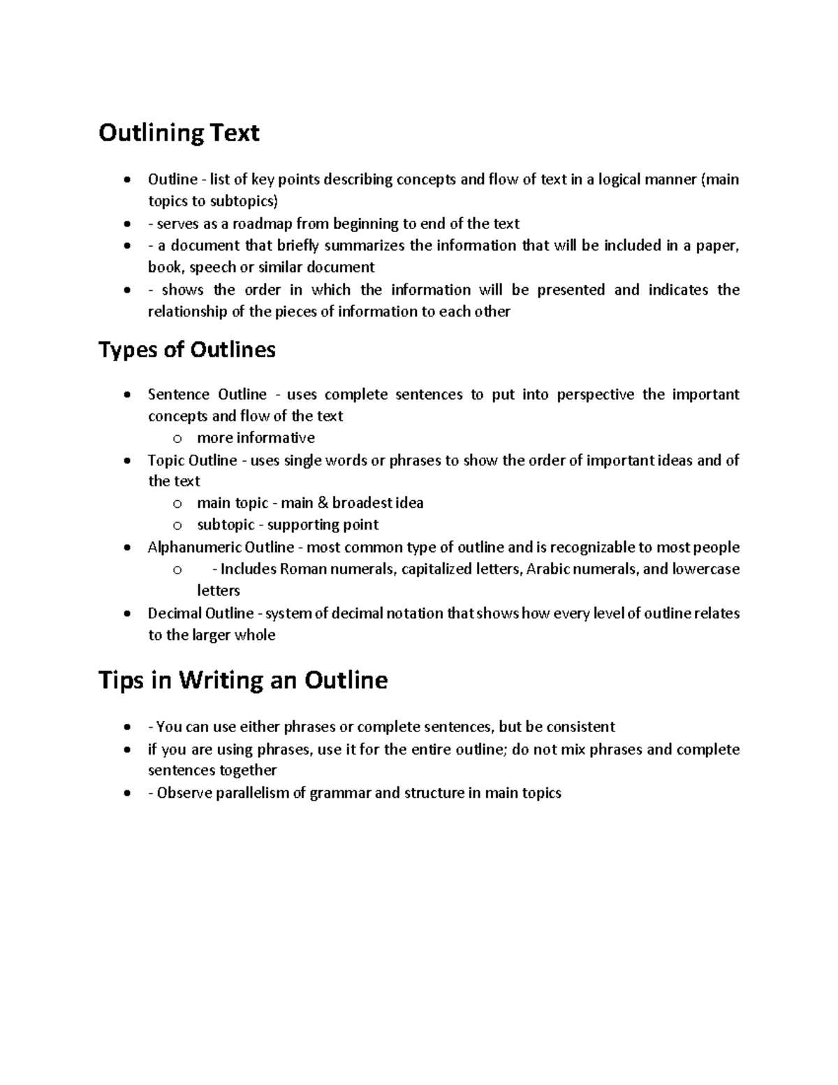 Text Structures & Outlining Text - Outlining Text Outline - list of key ...