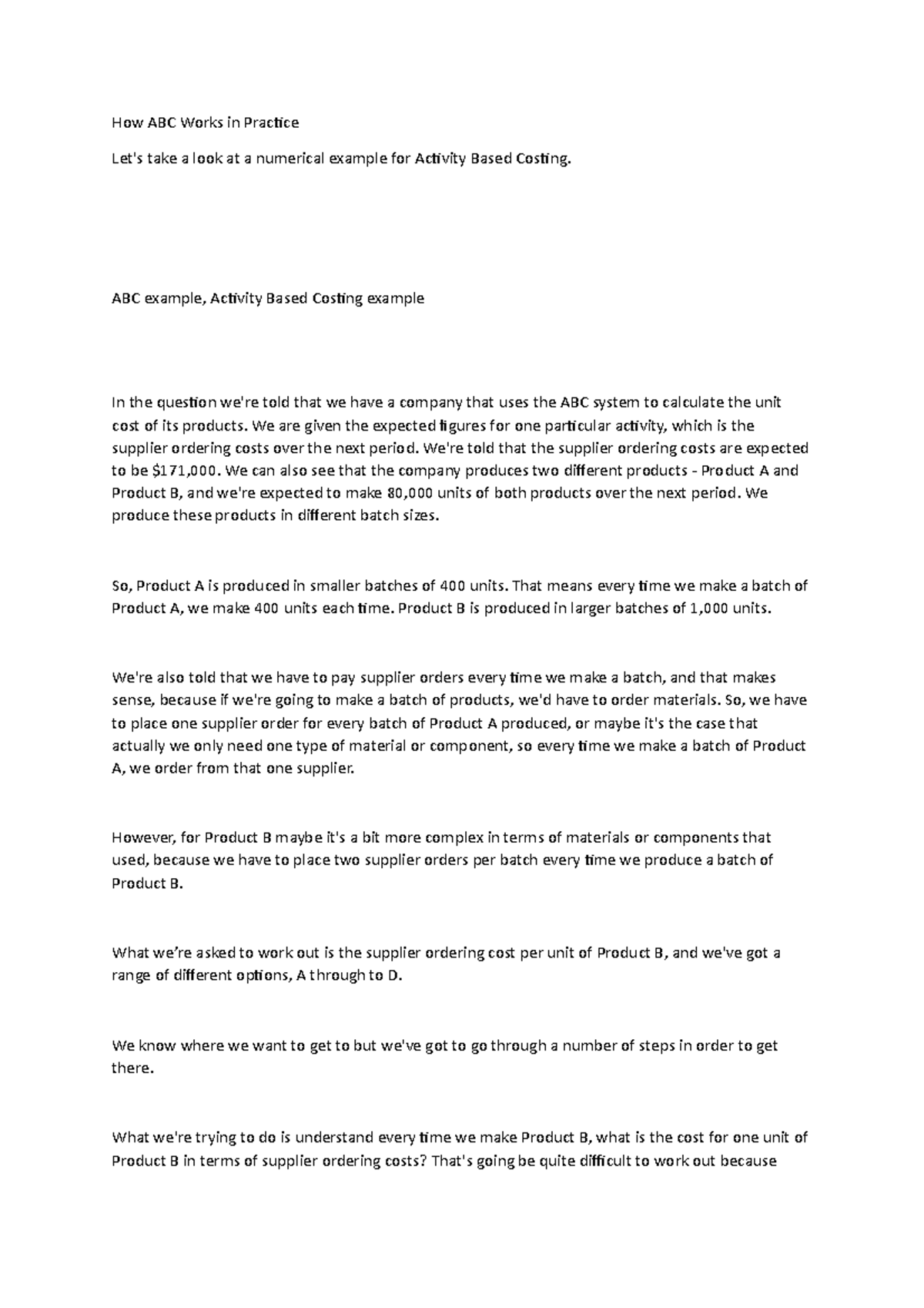 How ABC Works in Practice - ABC example, Activity Based Costing example ...