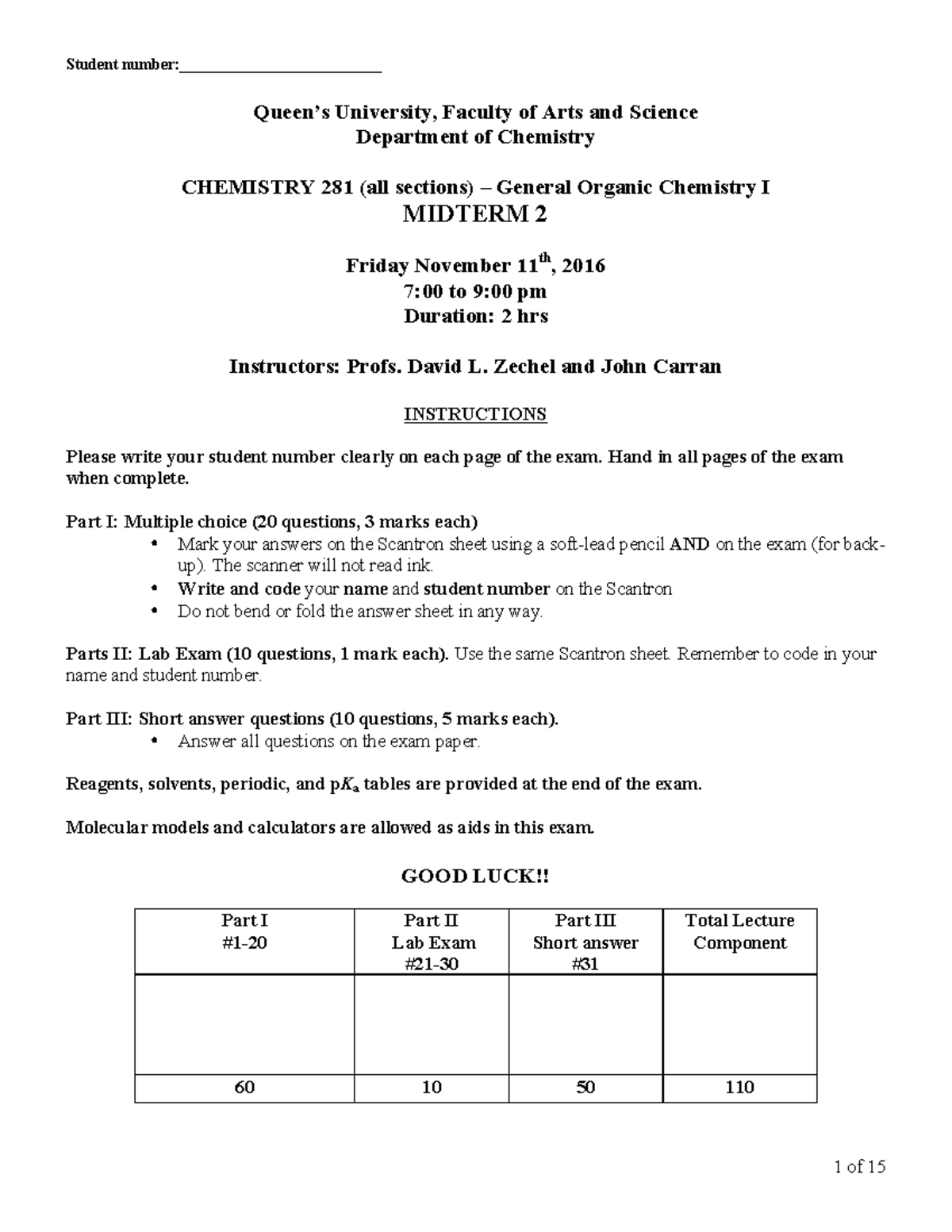 Midterm exam 2 November 2016, questions and answers - Student number