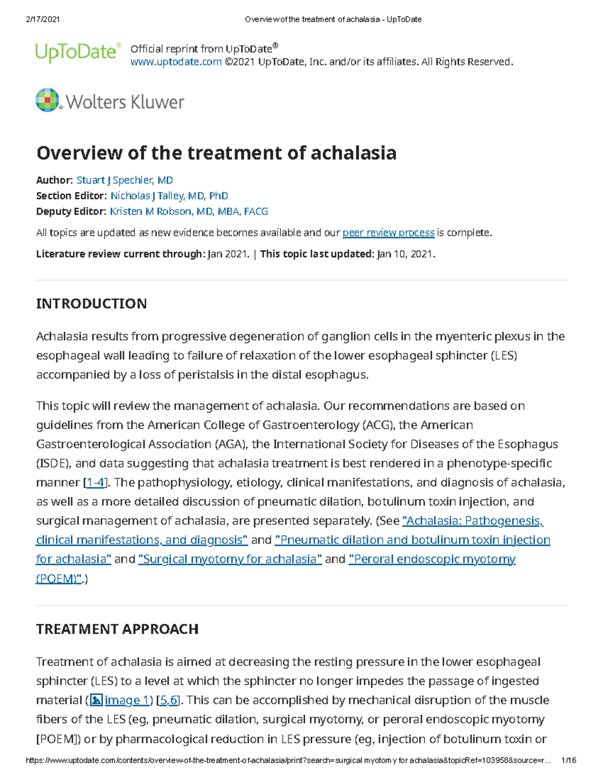 Overview of the treatment of achalasia - Up To Date - - Studocu