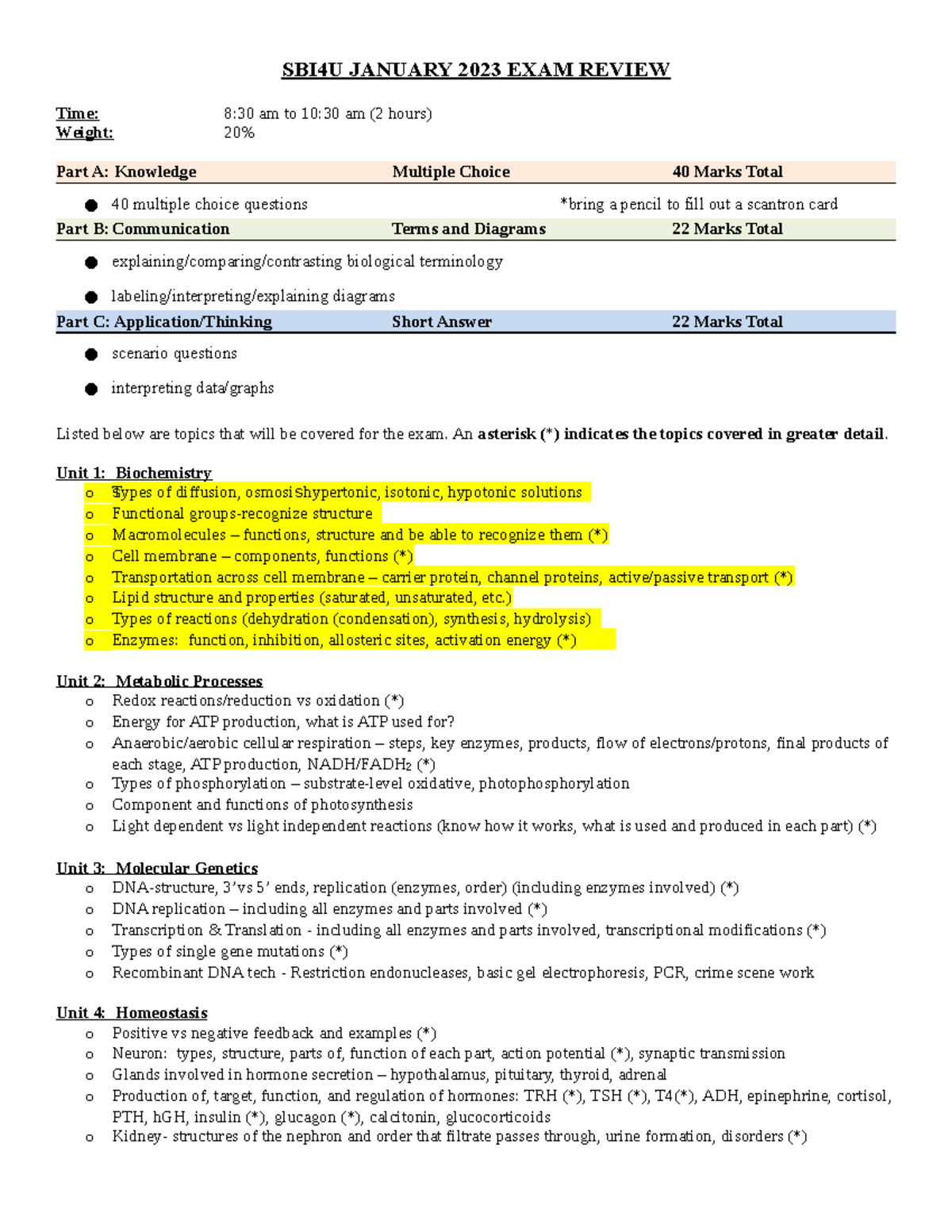 Bio exam outline - Exam - SBI4U JANUARY 2023 EXAM REVIEW Time: 8:30 am ...