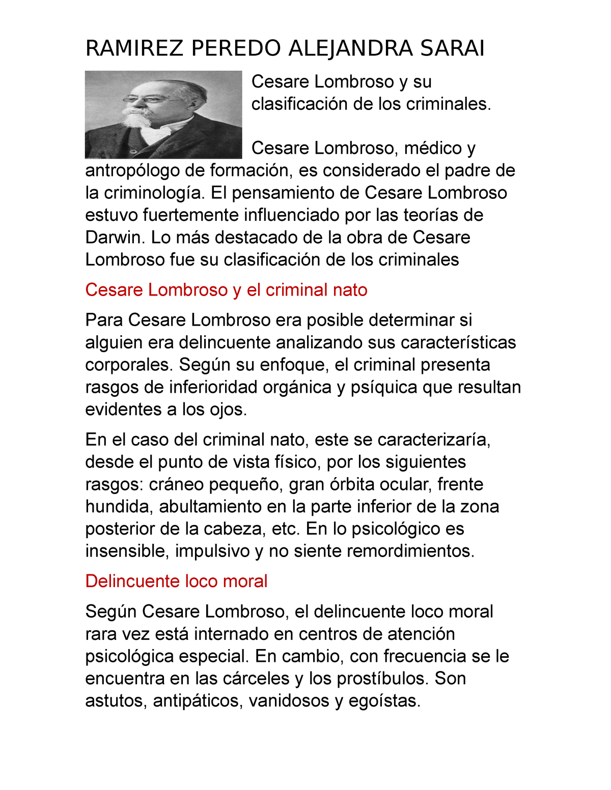 Cesare Lombroso y su clasificación de los criminales Ramirez Peredo  Alejandra Sarai - RAMIREZ PEREDO - Studocu