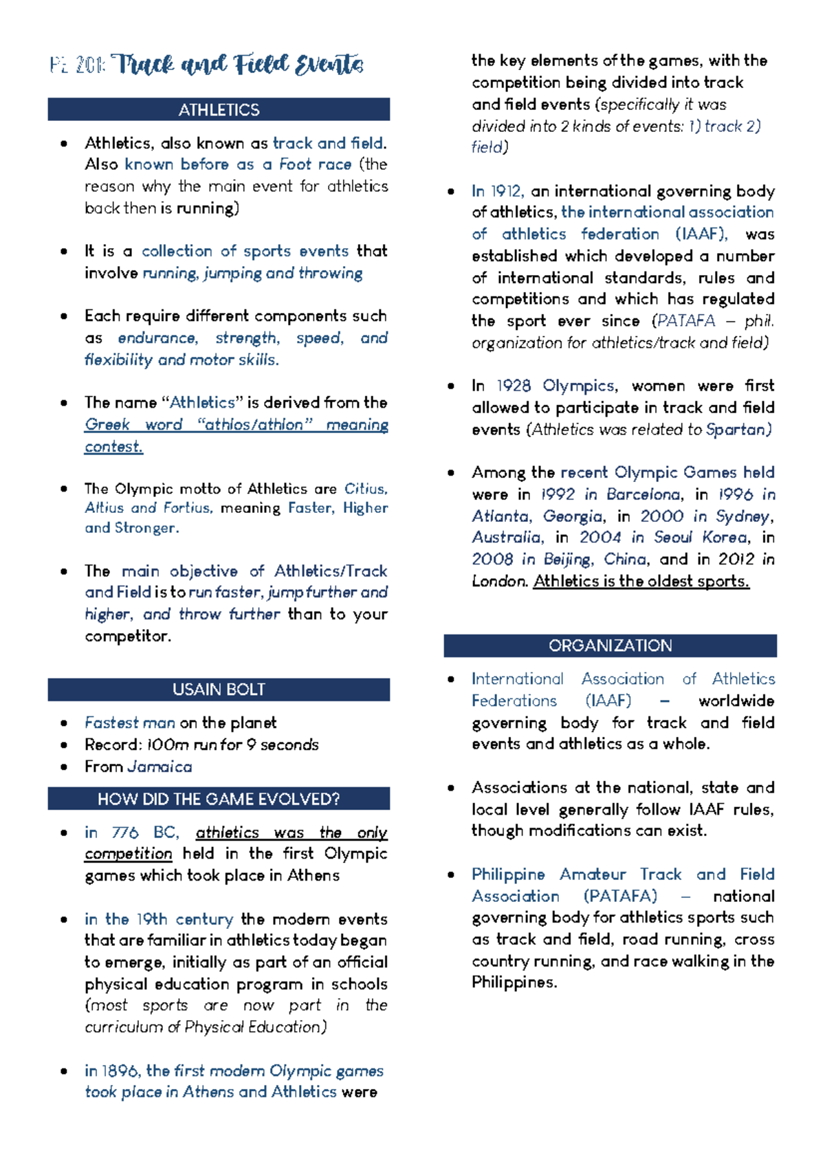 PE-201 - PE 201 - Track and Field Events ATHLETICS Athletics, also ...
