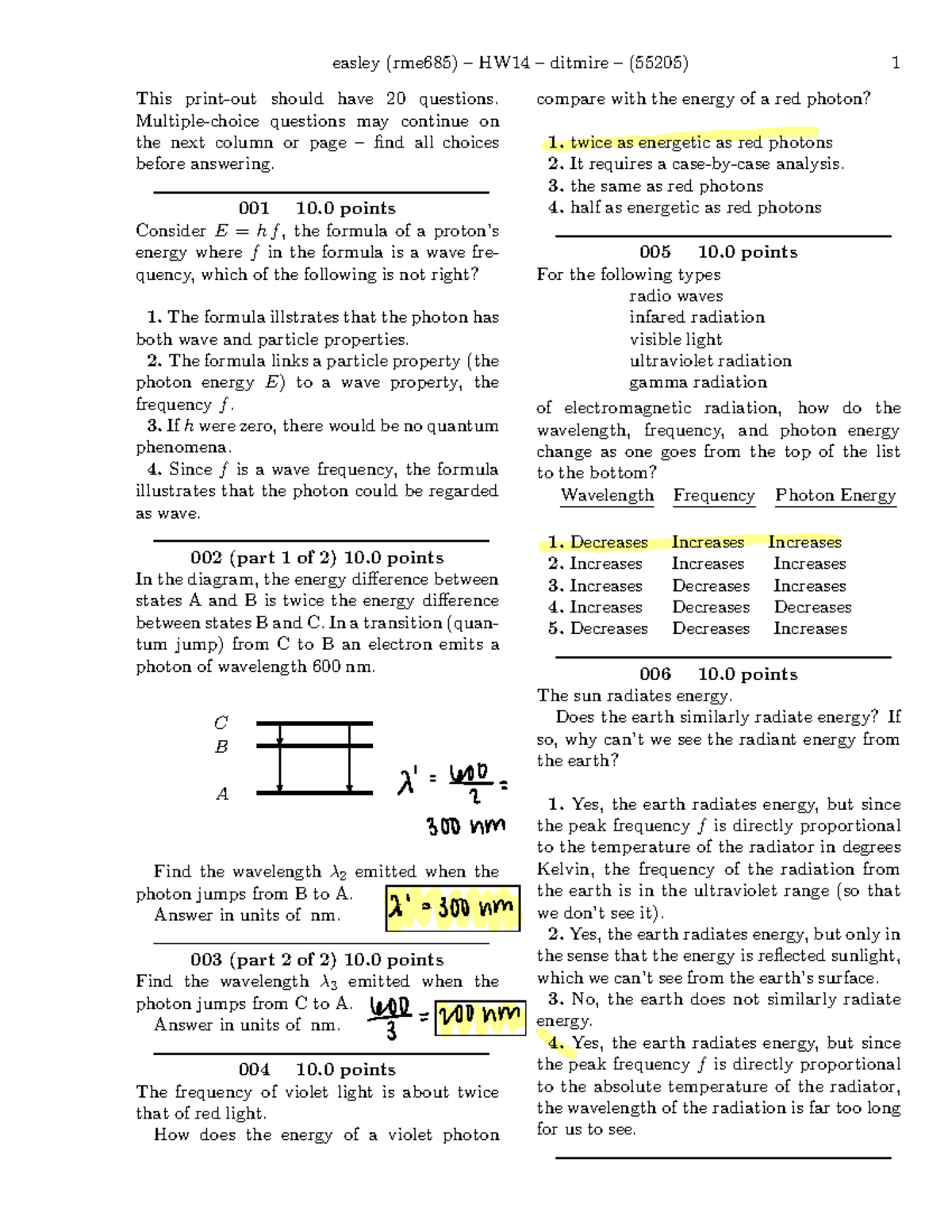 Physics Quiz: Energy Wavelength And Photon Properties - Studocu