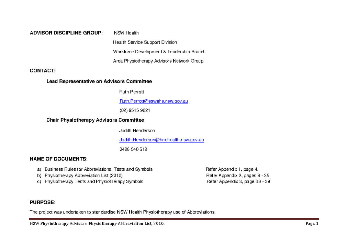 Physiotherapy Abbreviation LIST 09092011 ADVISOR DISCIPLINE GROUP