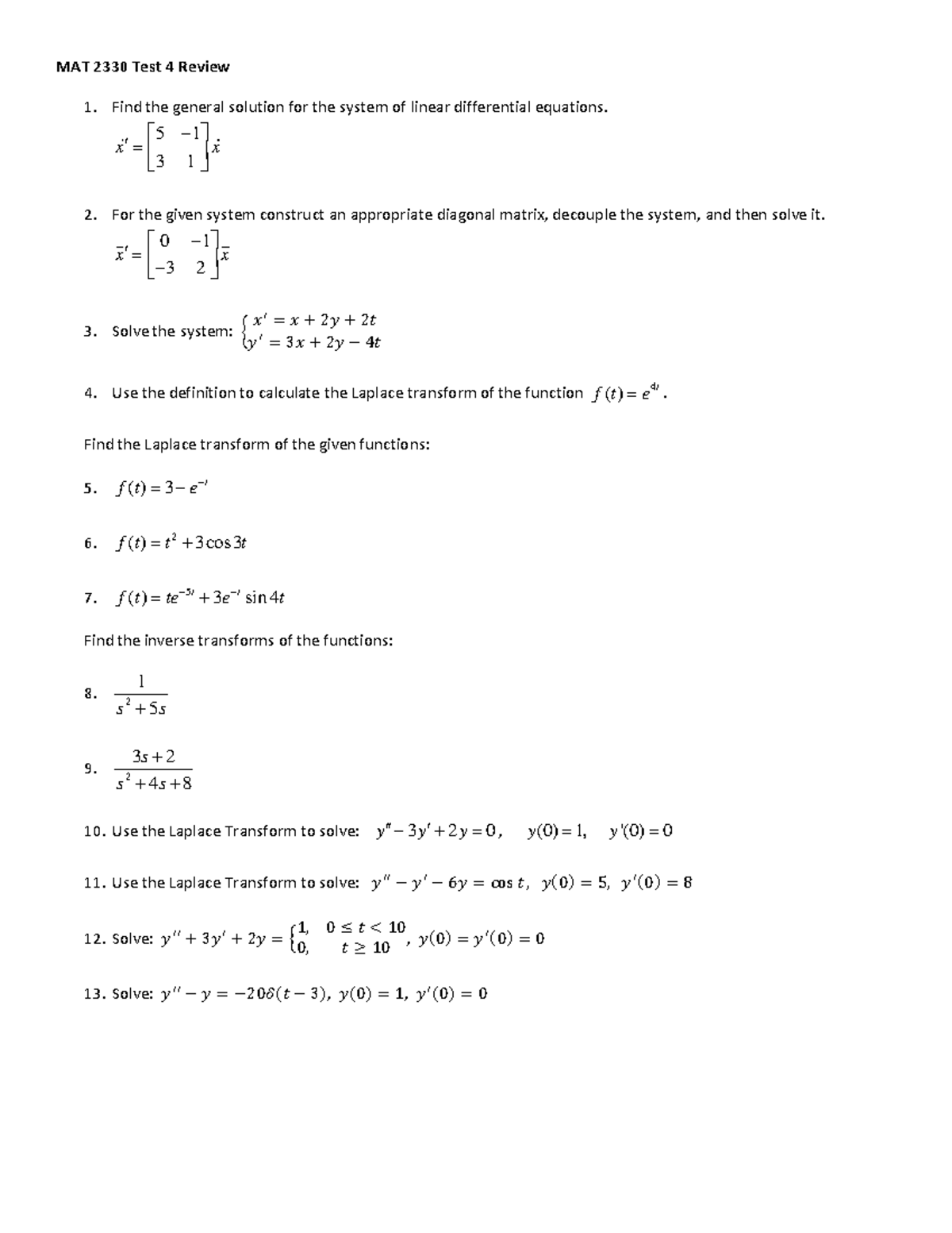 Test 4 Review - practice test for the fourth test with answers - MAT ...